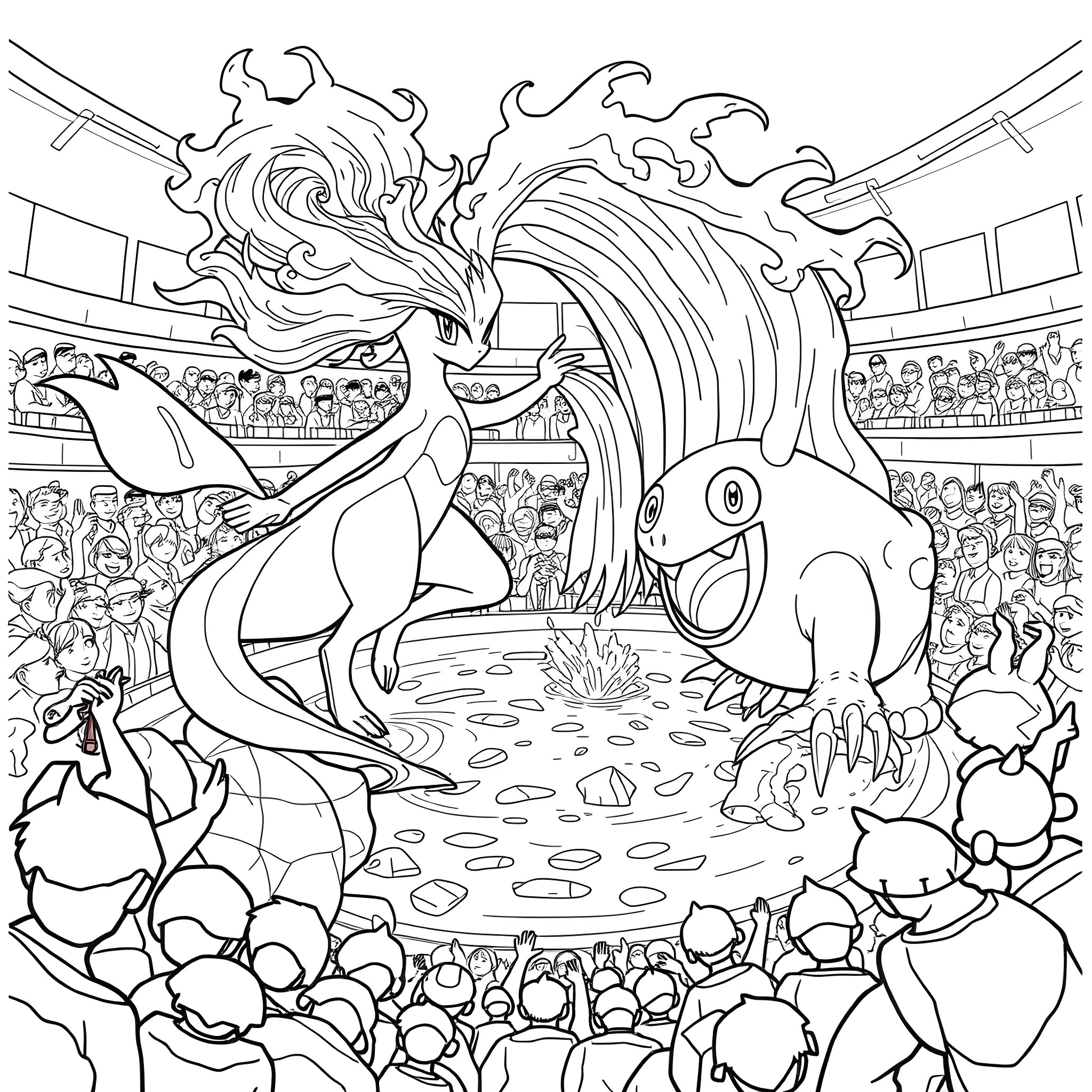 Primarina performing in a grand arena Coloring Page (free black-and-white line drawing printable PDF for all, from beginners to advanced learners, including children, teens, adults, and seniors)