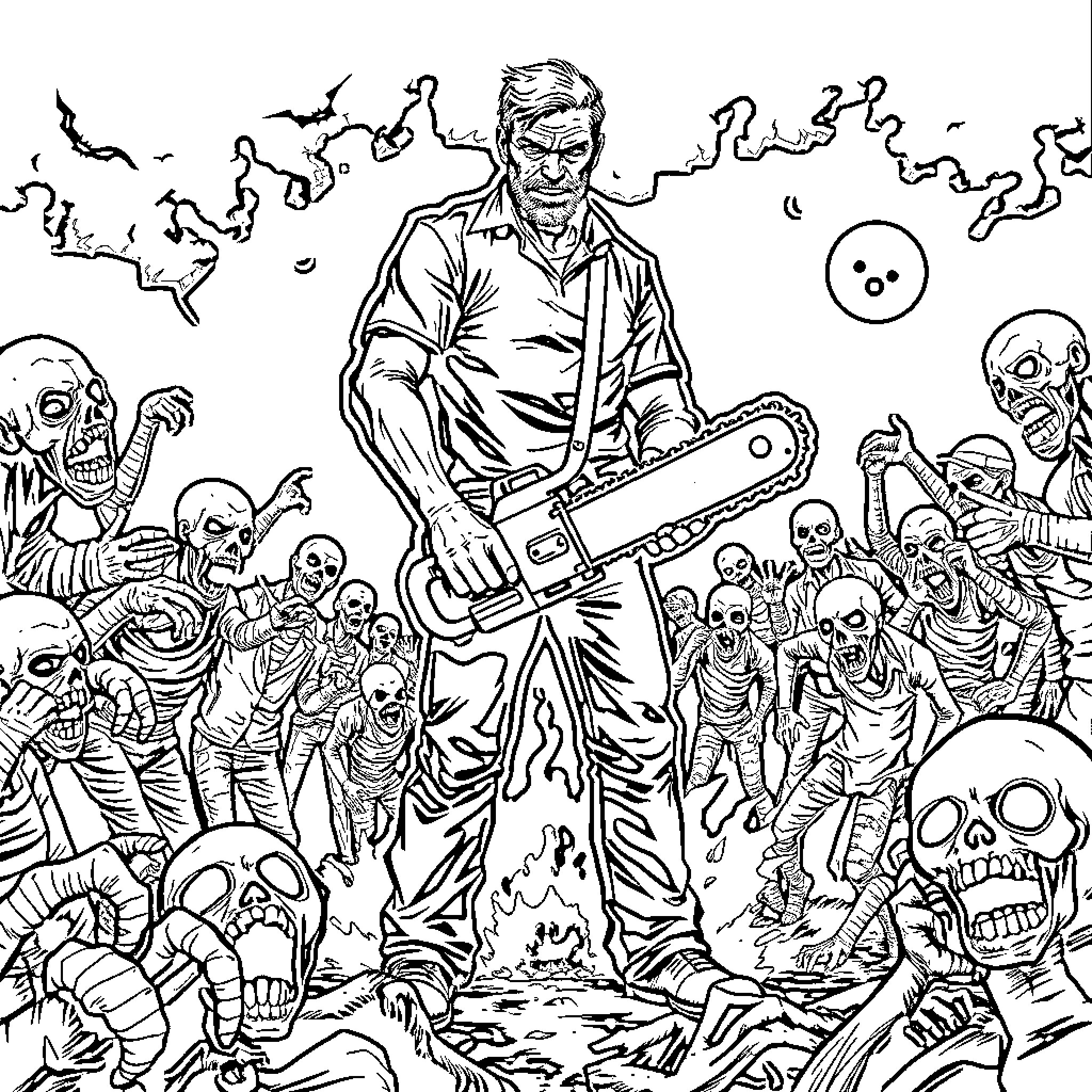 Chainsaw Man battles hordes of undead foes Coloring Page (free black-and-white line drawing printable PDF for all, from beginners to advanced learners, including children, teens, adults, and seniors)