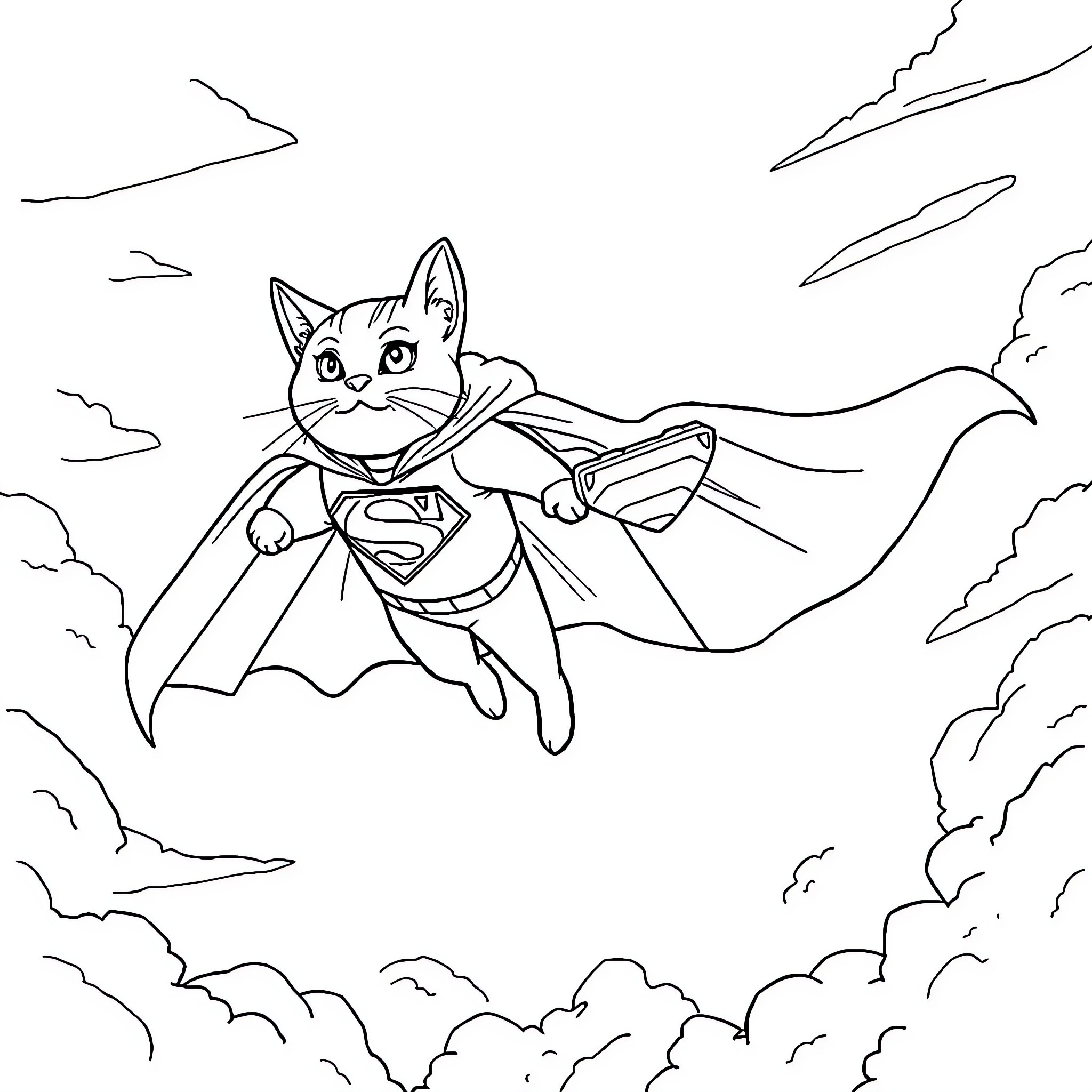 Cat superhero soaring through the sky Coloring Page (free black-and-white line drawing printable PDF for all, from beginners to advanced learners, including children, teens, adults, and seniors)