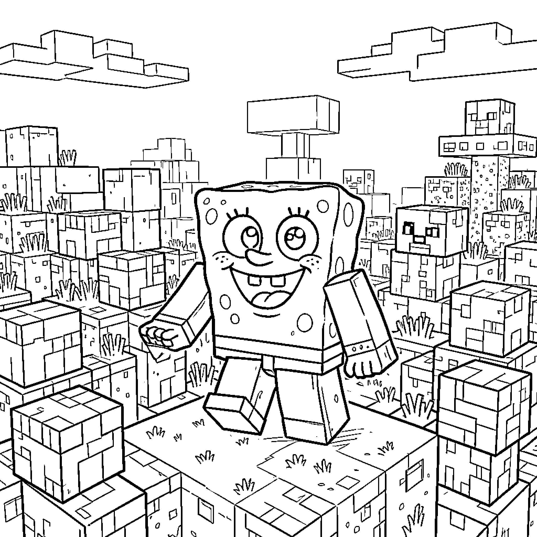 Bob Sponge Exploring the Cityscape Coloring Page (free black-and-white line drawing printable PDF for all, from beginners to advanced learners, including children, teens, adults, and seniors)