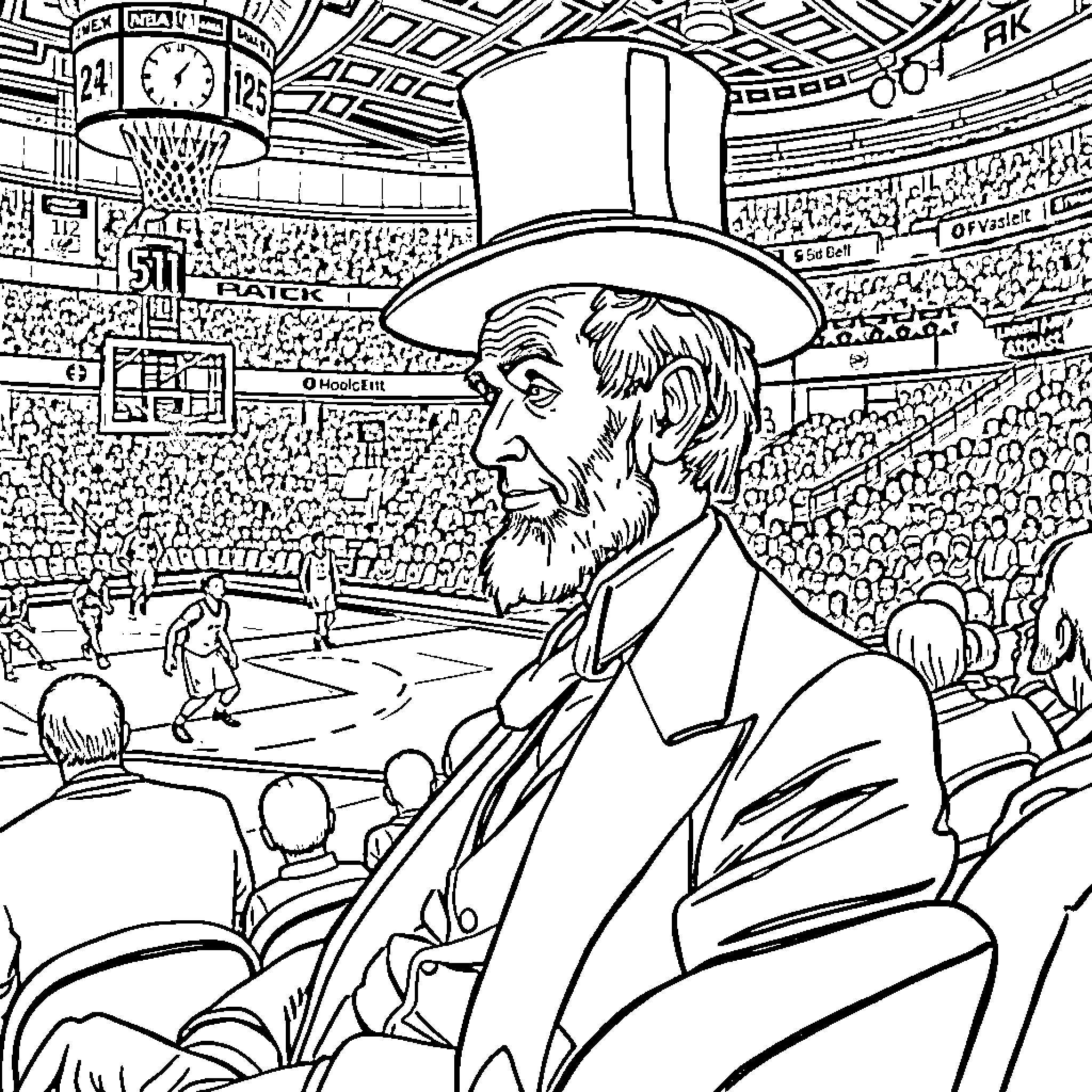 Abraham Lincoln attending a lively sporting event Coloring Page (free black-and-white line drawing printable PDF for all, from beginners to advanced learners, including children, teens, adults, and seniors)