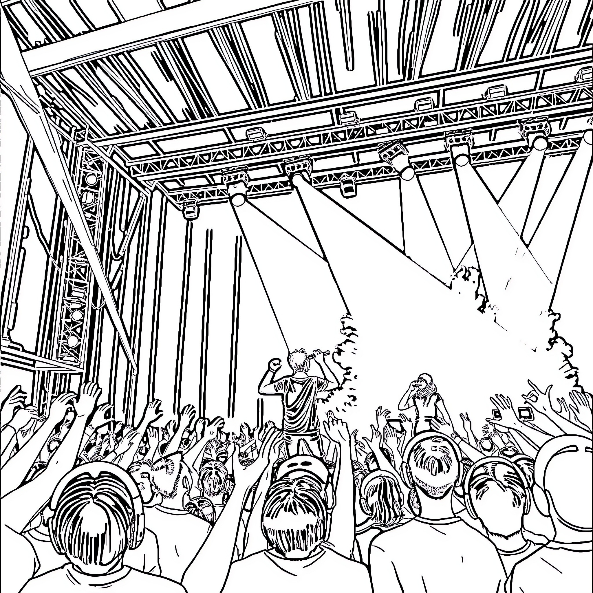 Twenty One Pilots performing on stage with crowd Coloring Page (free black-and-white line drawing printable PDF for all, from beginners to advanced learners, including children, teens, adults, and seniors)