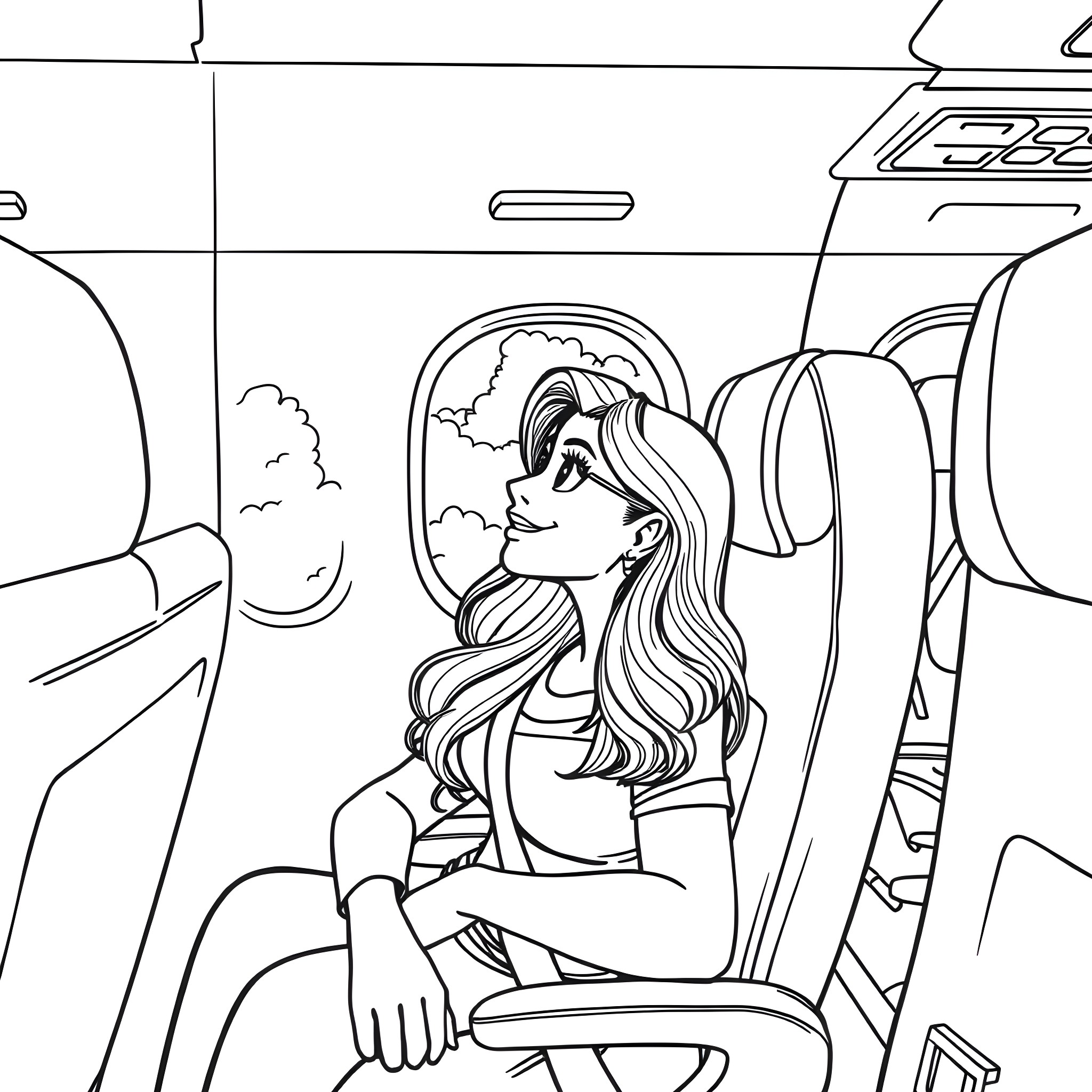 Bella Rosa enjoying the scenic view from the car window Coloring Page (free black-and-white line drawing printable PDF for all, from beginners to advanced learners, including children, teens, adults, and seniors)