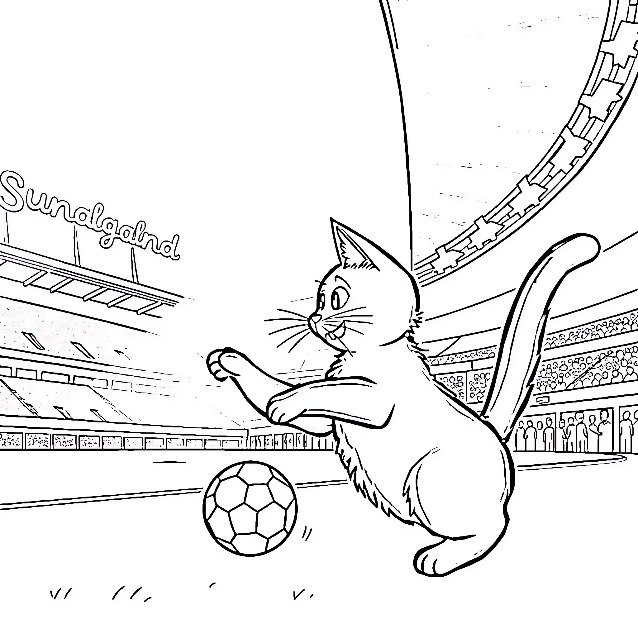 Cat playing with soccer ball in stadium Coloring Page (free black-and-white line drawing printable PDF for all, from beginners to advanced learners, including children, teens, adults, and seniors)