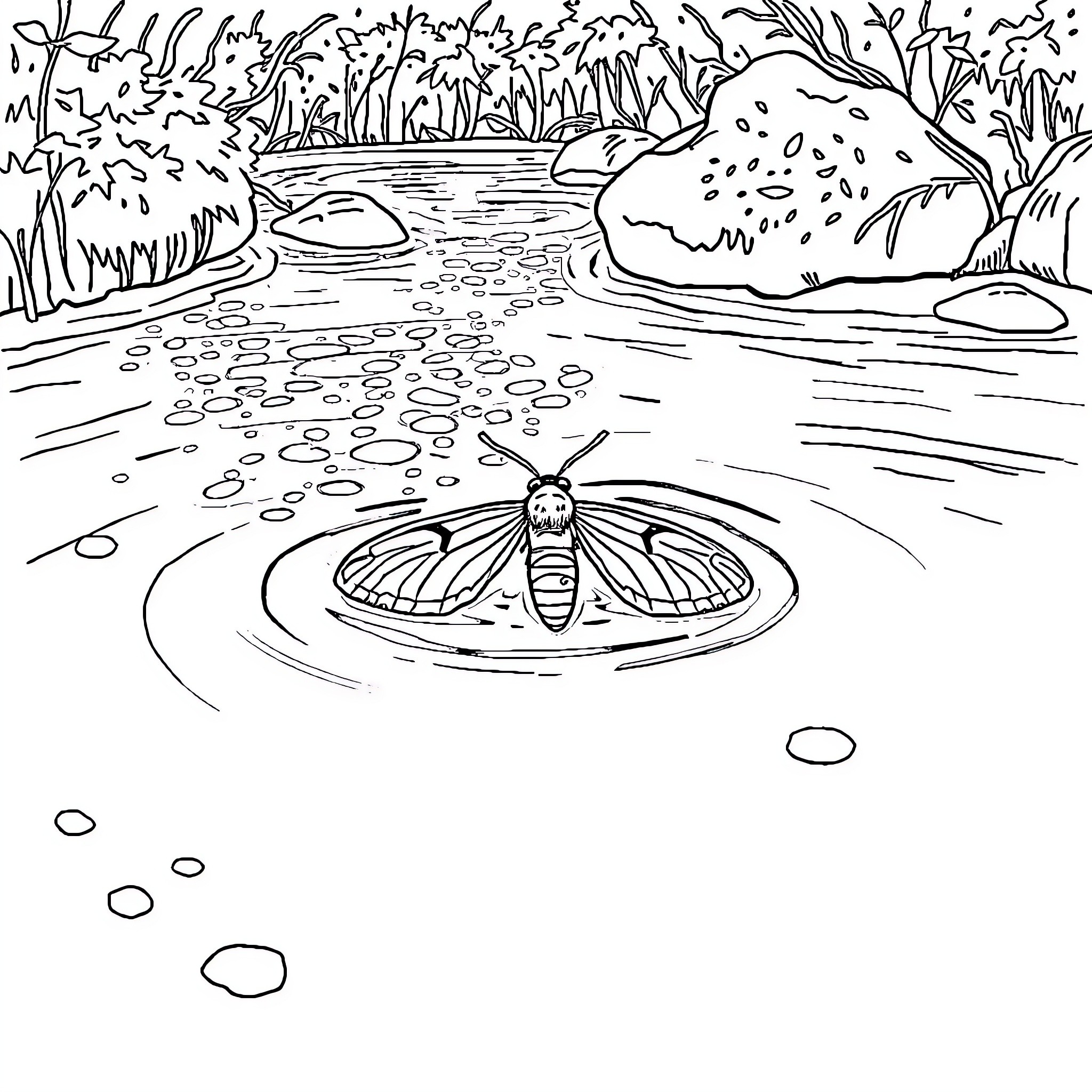 Moth on the pond's serene surface Coloring Page (free black-and-white line drawing printable PDF for all, from beginners to advanced learners, including children, teens, adults, and seniors)
