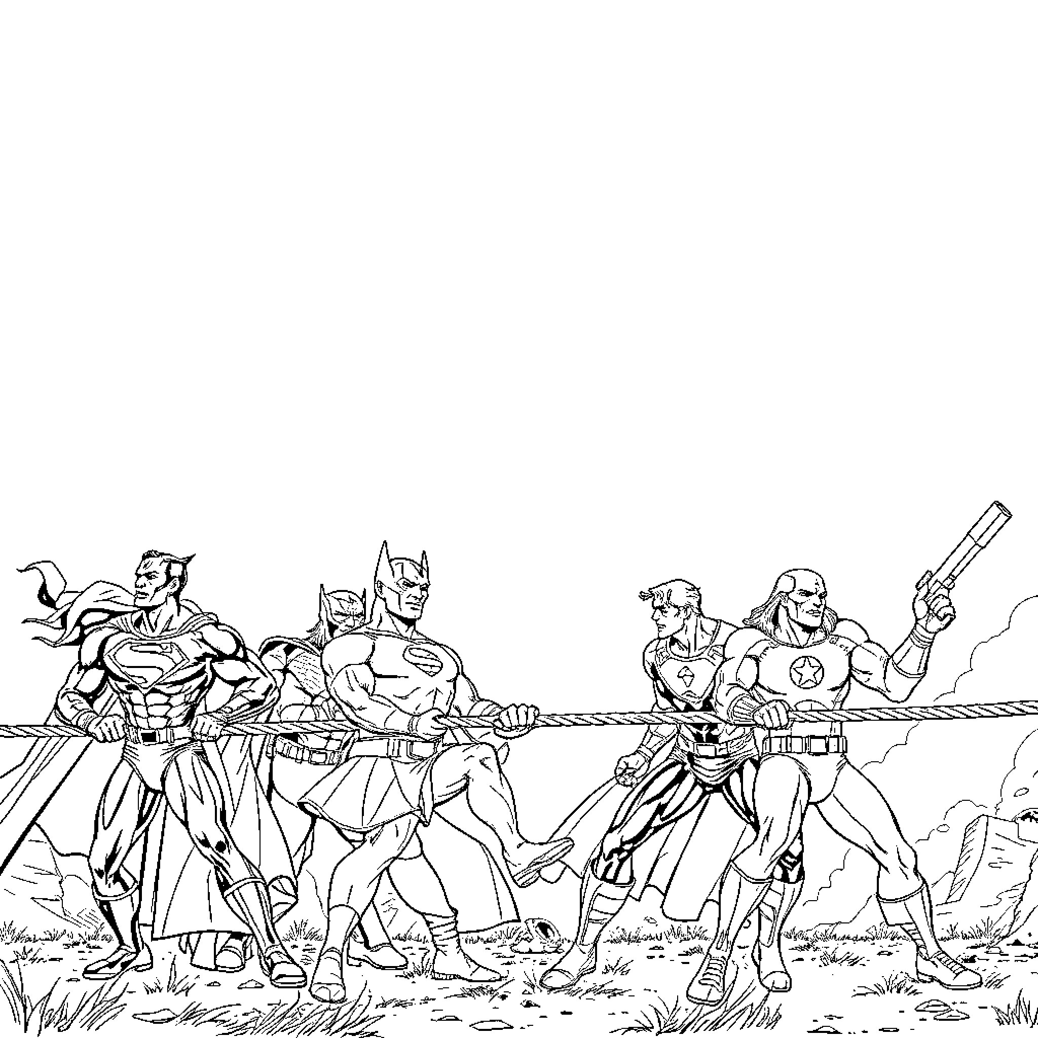 Justice League Heroes in Action Adventure Illustration Coloring Page (free black-and-white line drawing printable PDF for all, from beginners to advanced learners, including children, teens, adults, and seniors)