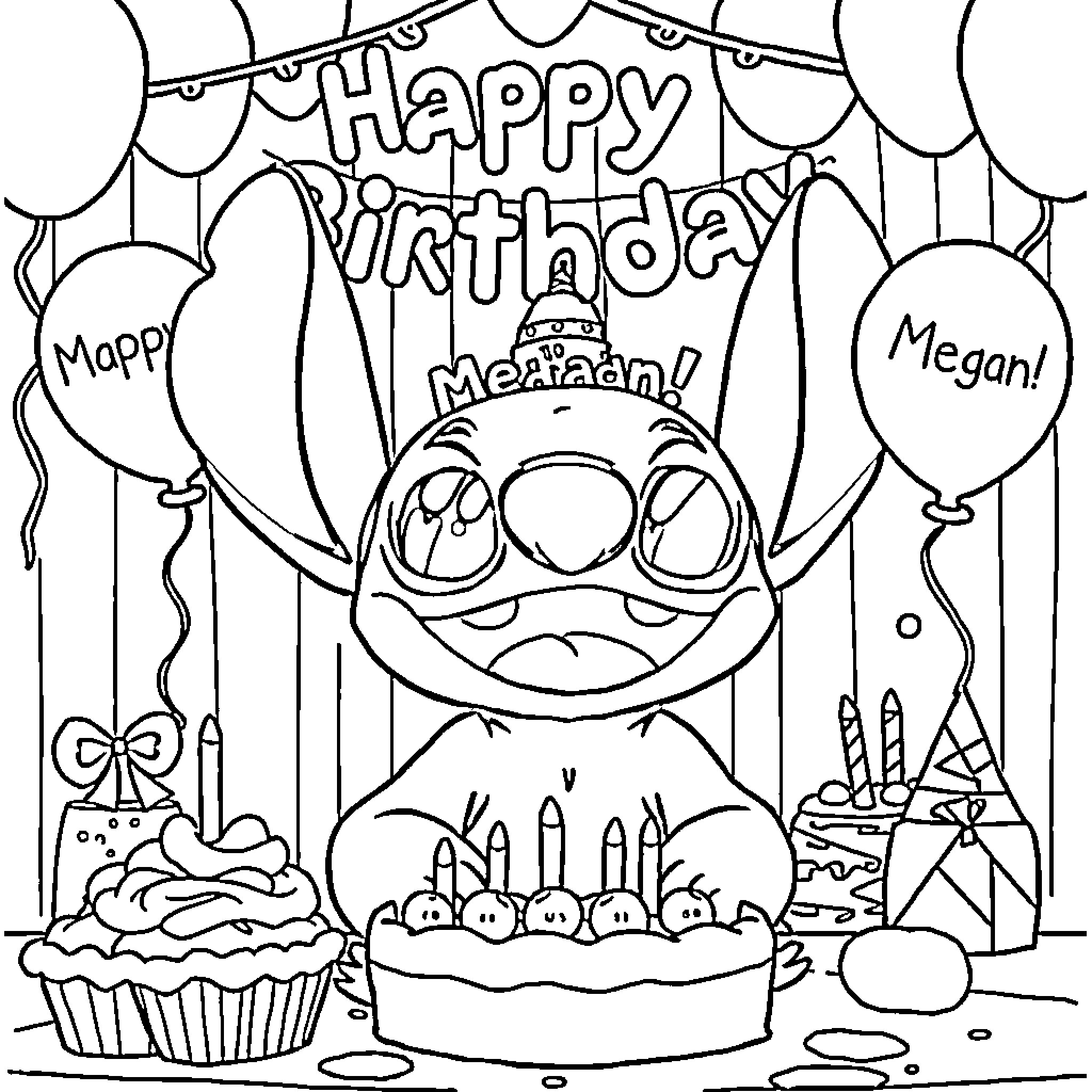 Stitch celebrates a happy birthday party Coloring Page (free black-and-white line drawing printable PDF for all, from beginners to advanced learners, including children, teens, adults, and seniors)
