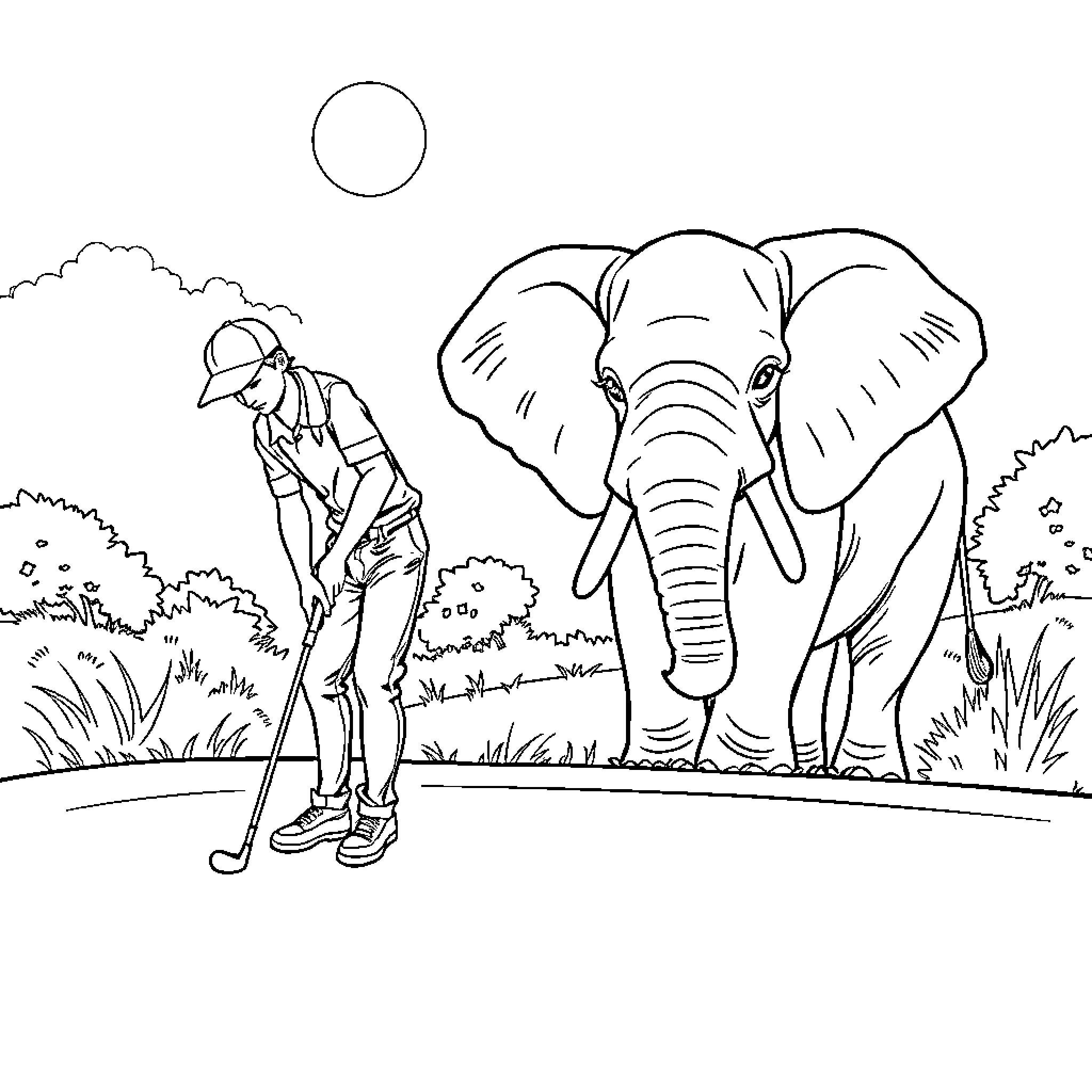 Golfer playing on course with elephant in background Coloring Page (free black-and-white line drawing printable PDF for all, from beginners to advanced learners, including children, teens, adults, and seniors)