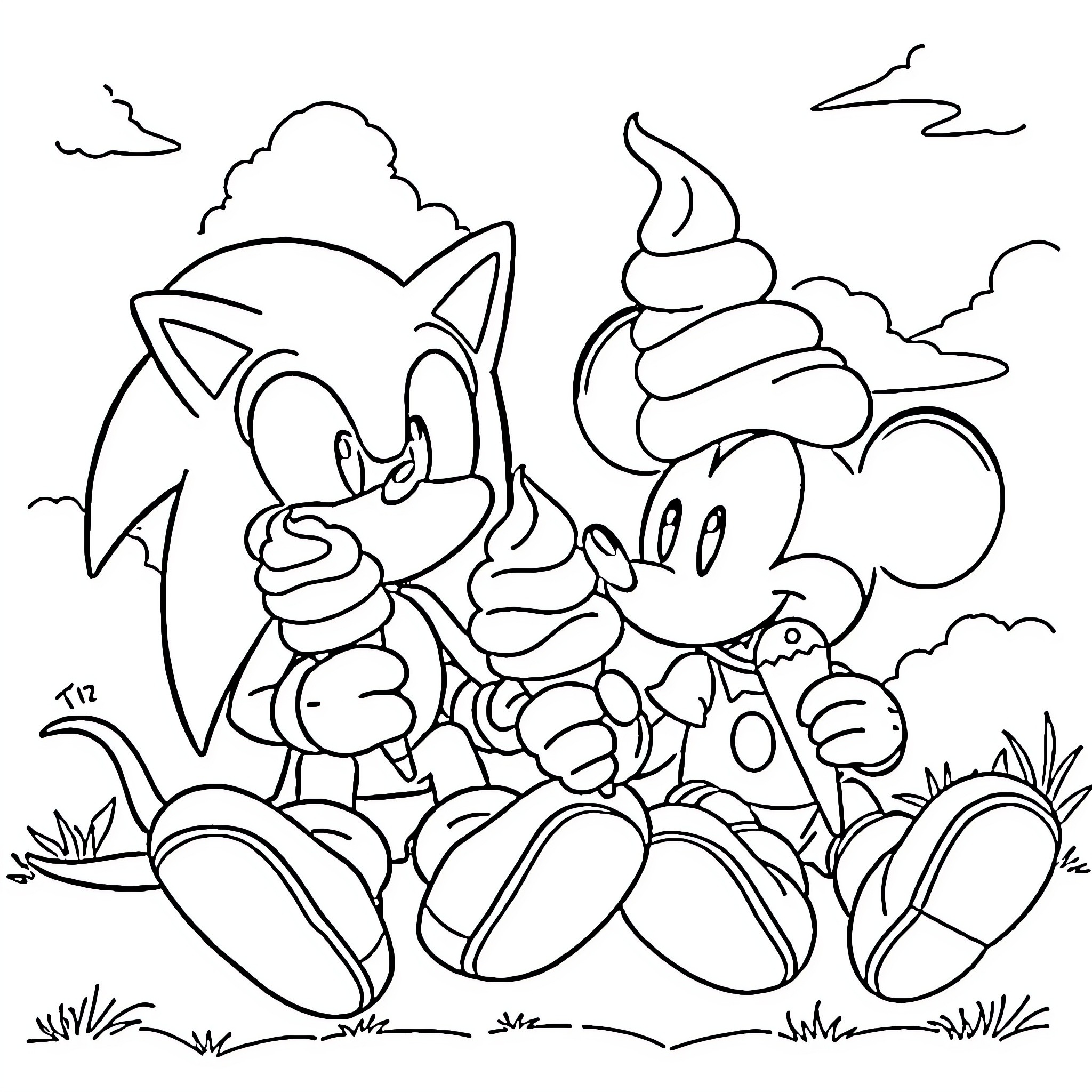 Sonic and friends in a whimsical adventure Coloring Page (free black-and-white line drawing printable PDF for all, from beginners to advanced learners, including children, teens, adults, and seniors)