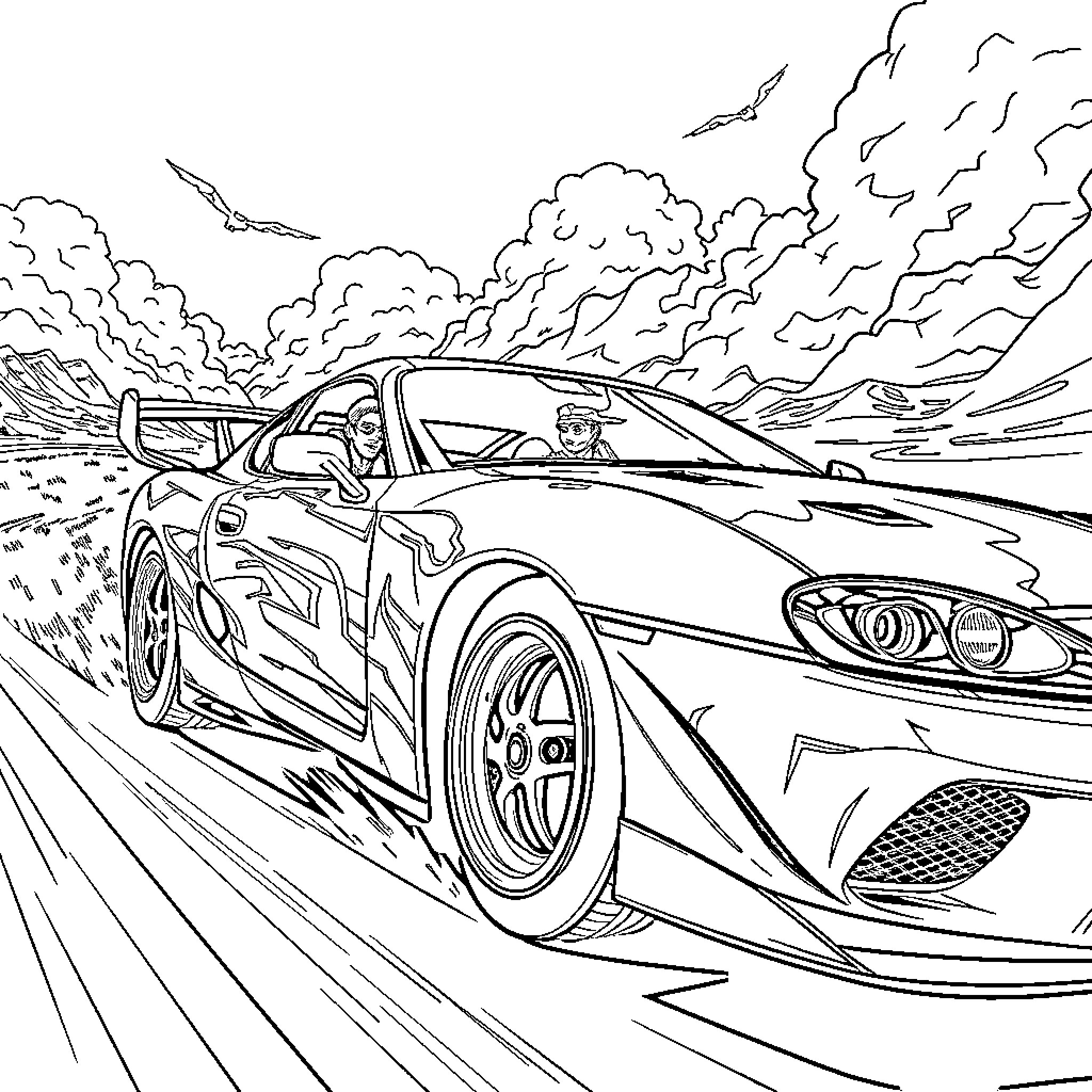 Demogorgon's high-speed pursuit on the open road Coloring Page (free black-and-white line drawing printable PDF for all, from beginners to advanced learners, including children, teens, adults, and seniors)