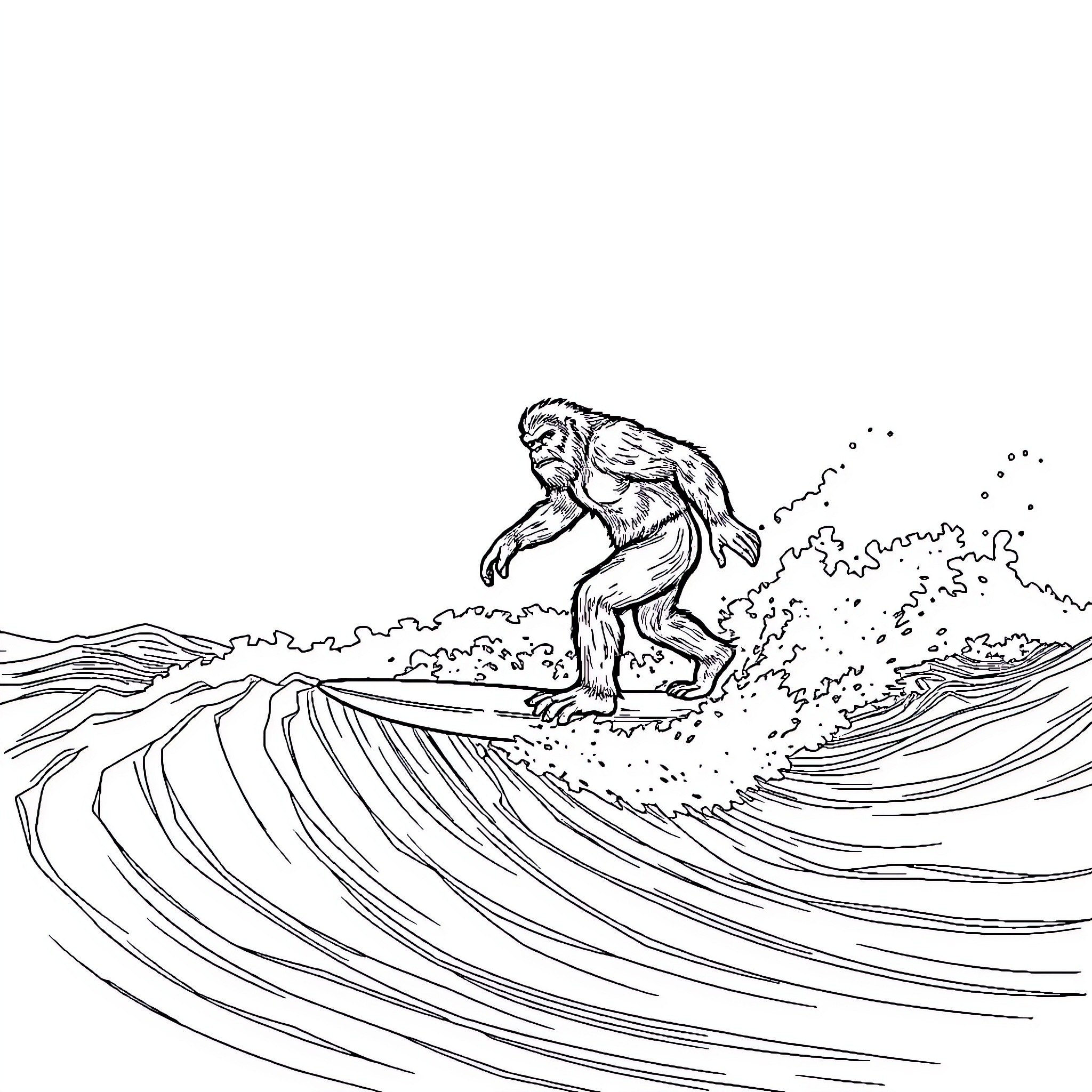 Bigfoot surfing the mighty waves Coloring Page (free black-and-white line drawing printable PDF for all, from beginners to advanced learners, including children, teens, adults, and seniors)