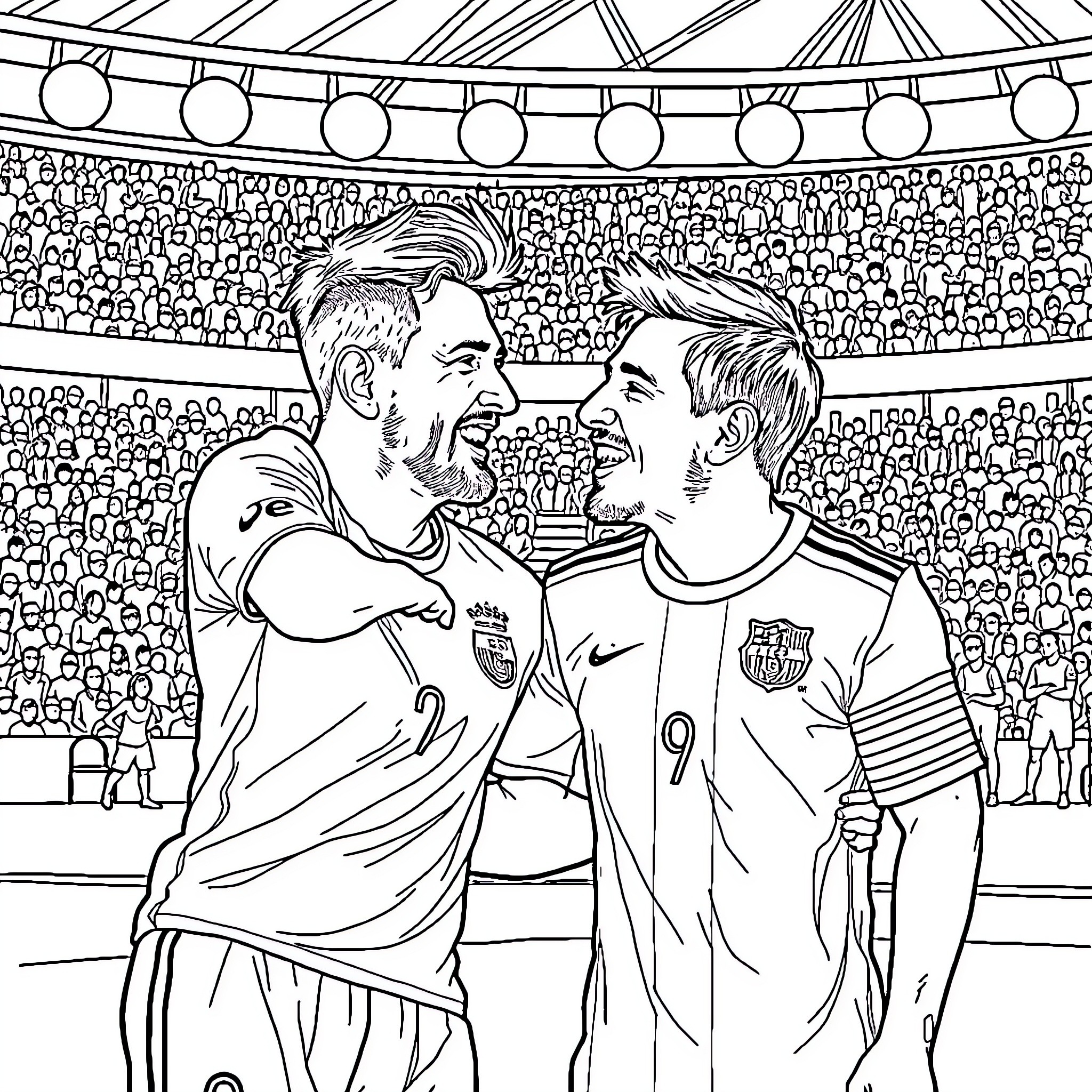 Couple of soccer players celebrating victory on the field Coloring Page (free black-and-white line drawing printable PDF for all, from beginners to advanced learners, including children, teens, adults, and seniors)