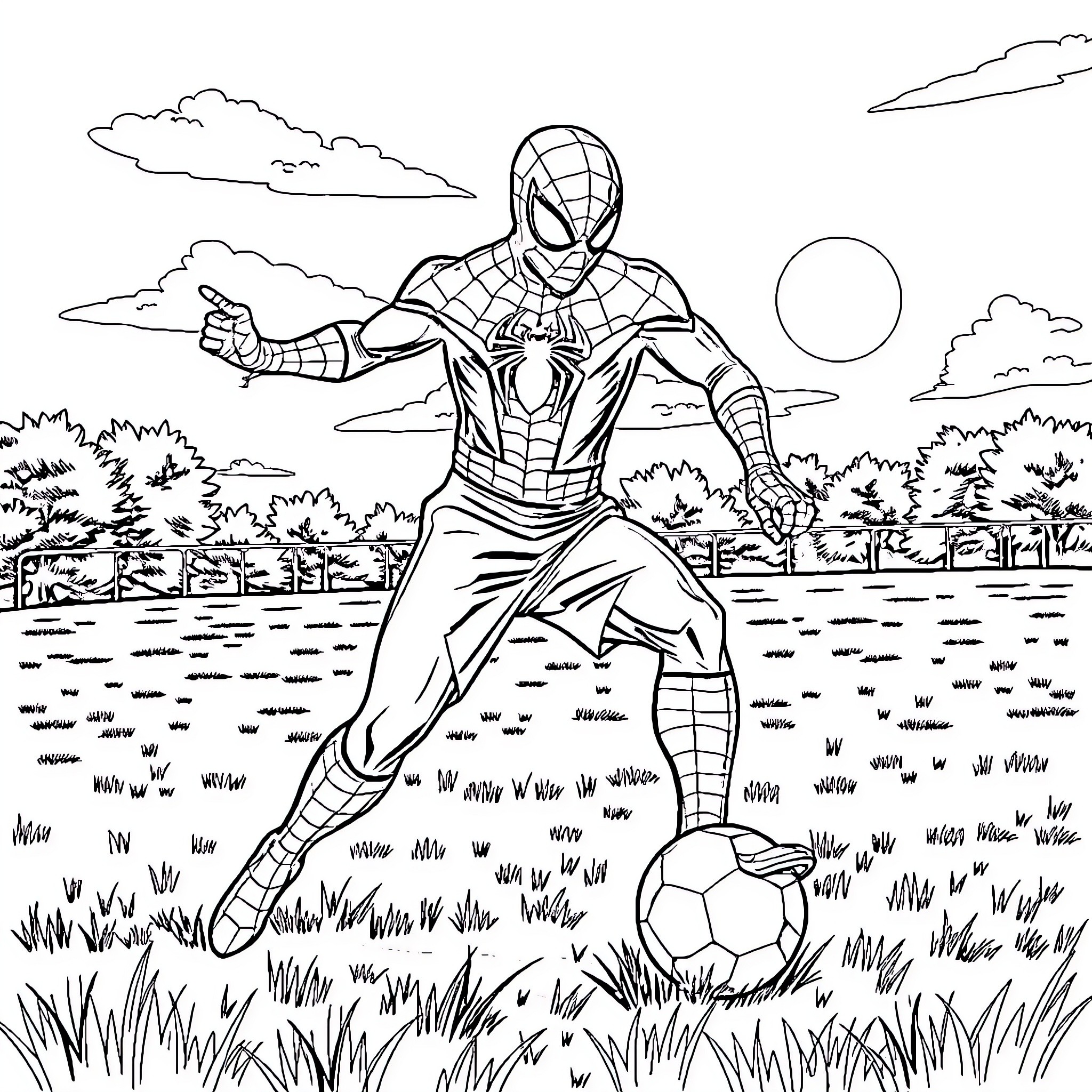 Spiderman kicking soccer ball in outdoor field Coloring Page (free black-and-white line drawing printable PDF for all, from beginners to advanced learners, including children, teens, adults, and seniors)