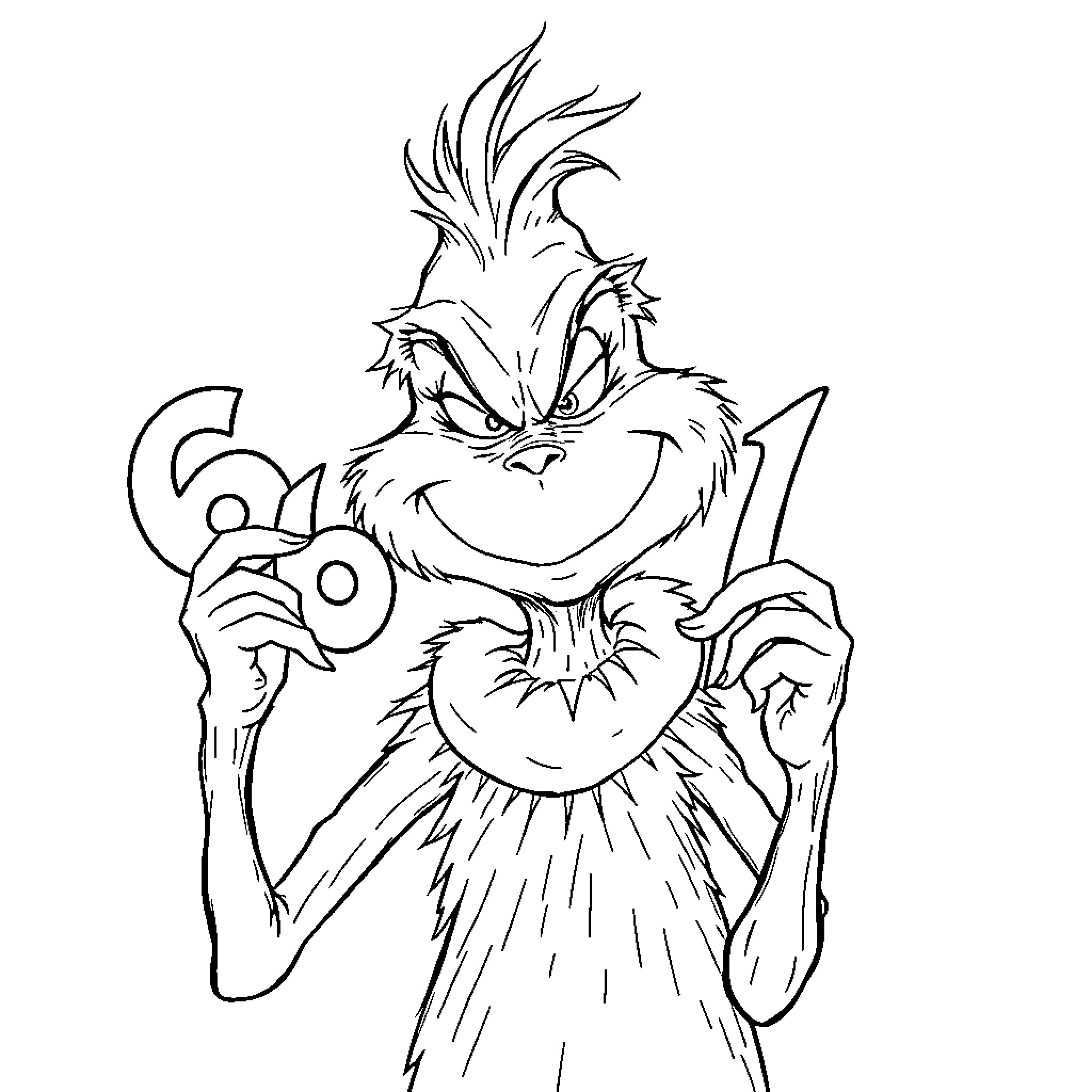 Grinch character with exaggerated expression and pose Coloring Page (free black-and-white line drawing printable PDF for all, from beginners to advanced learners, including children, teens, adults, and seniors)