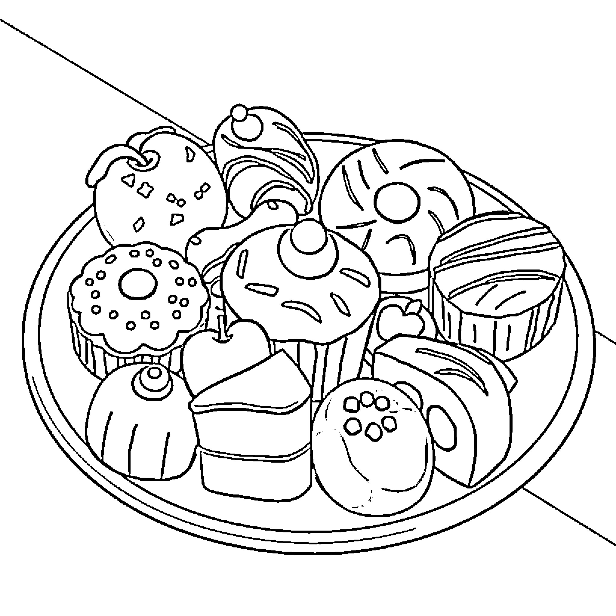 Sweet Assortment of Delightful Baked Treats Coloring Page (free black-and-white line drawing printable PDF for all, from beginners to advanced learners, including children, teens, adults, and seniors)