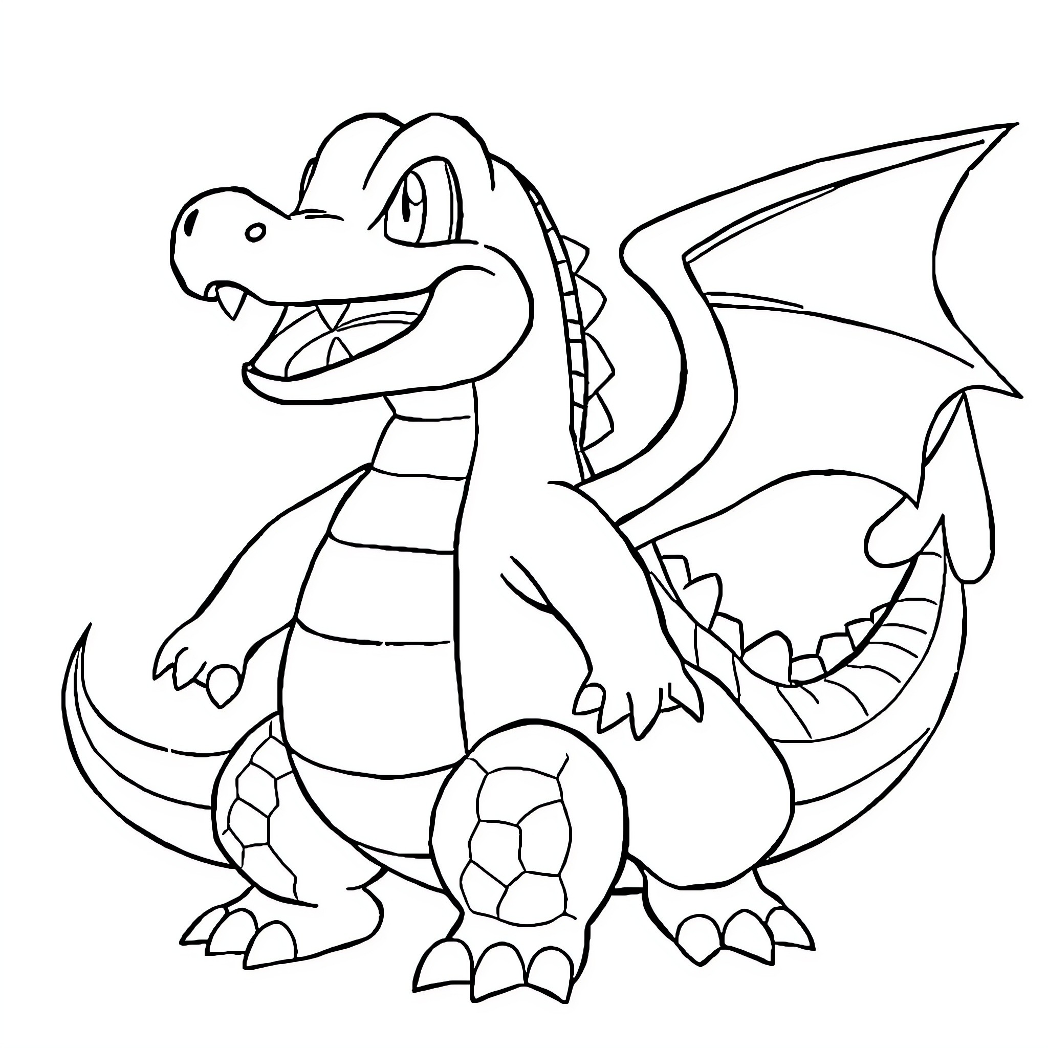 Totodile with wings exploring the wilderness Coloring Page (free black-and-white line drawing printable PDF for all, from beginners to advanced learners, including children, teens, adults, and seniors)