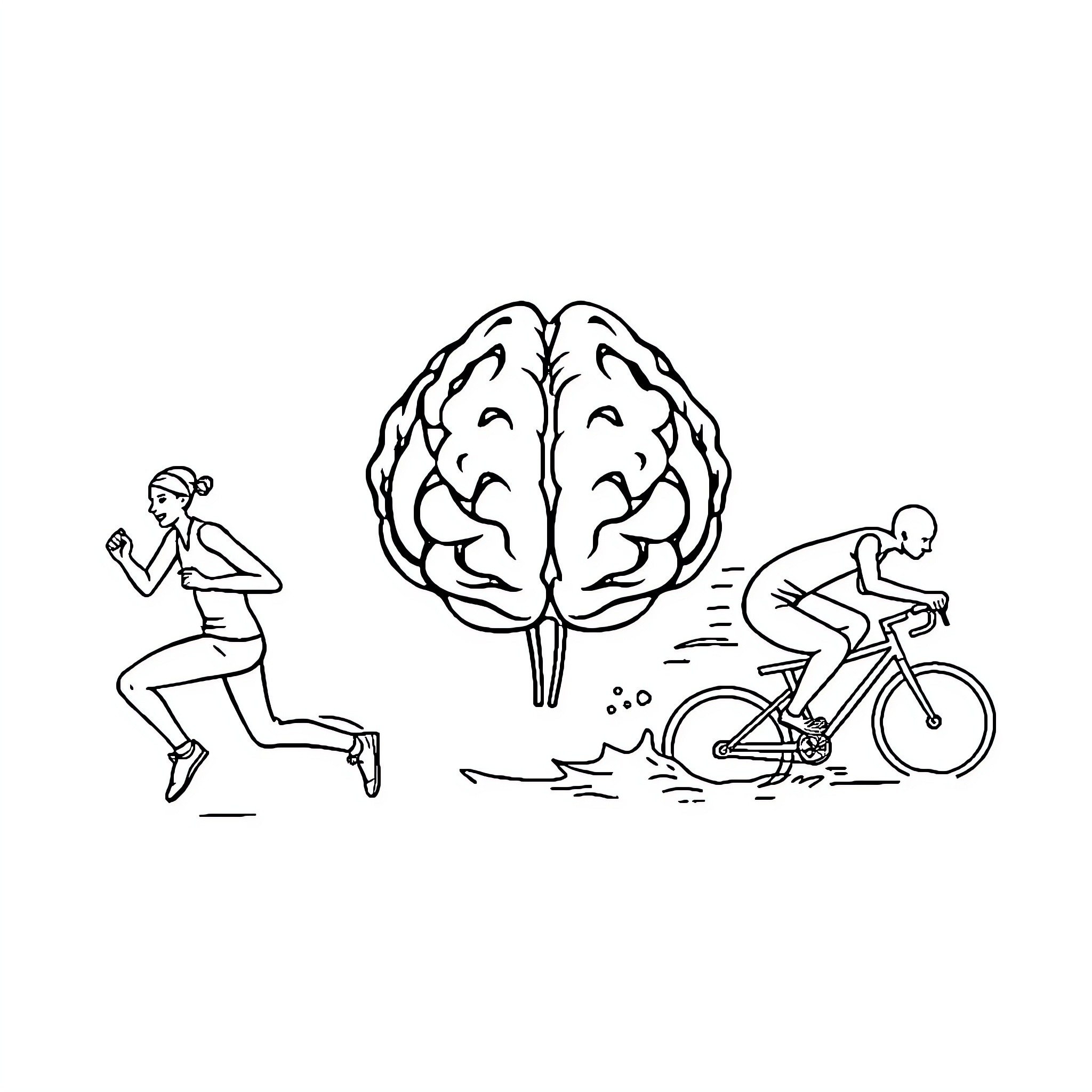 Brain-powered Athletes Exercising and Cycling Coloring Page (free black-and-white line drawing printable PDF for all, from beginners to advanced learners, including children, teens, adults, and seniors)