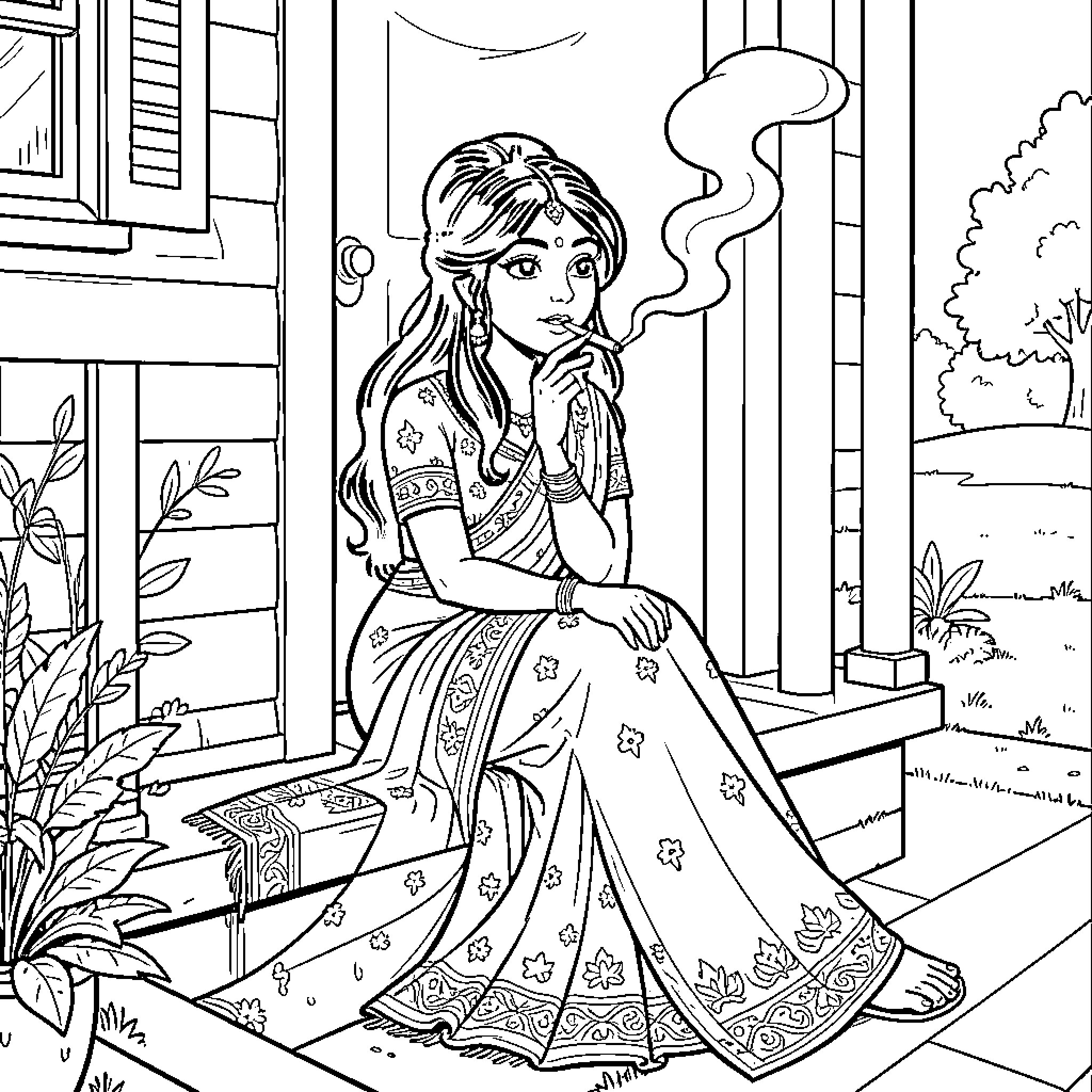 Jasmine sitting on a porch while smoking a cigarette Coloring Page (free black-and-white line drawing printable PDF for all, from beginners to advanced learners, including children, teens, adults, and seniors)
