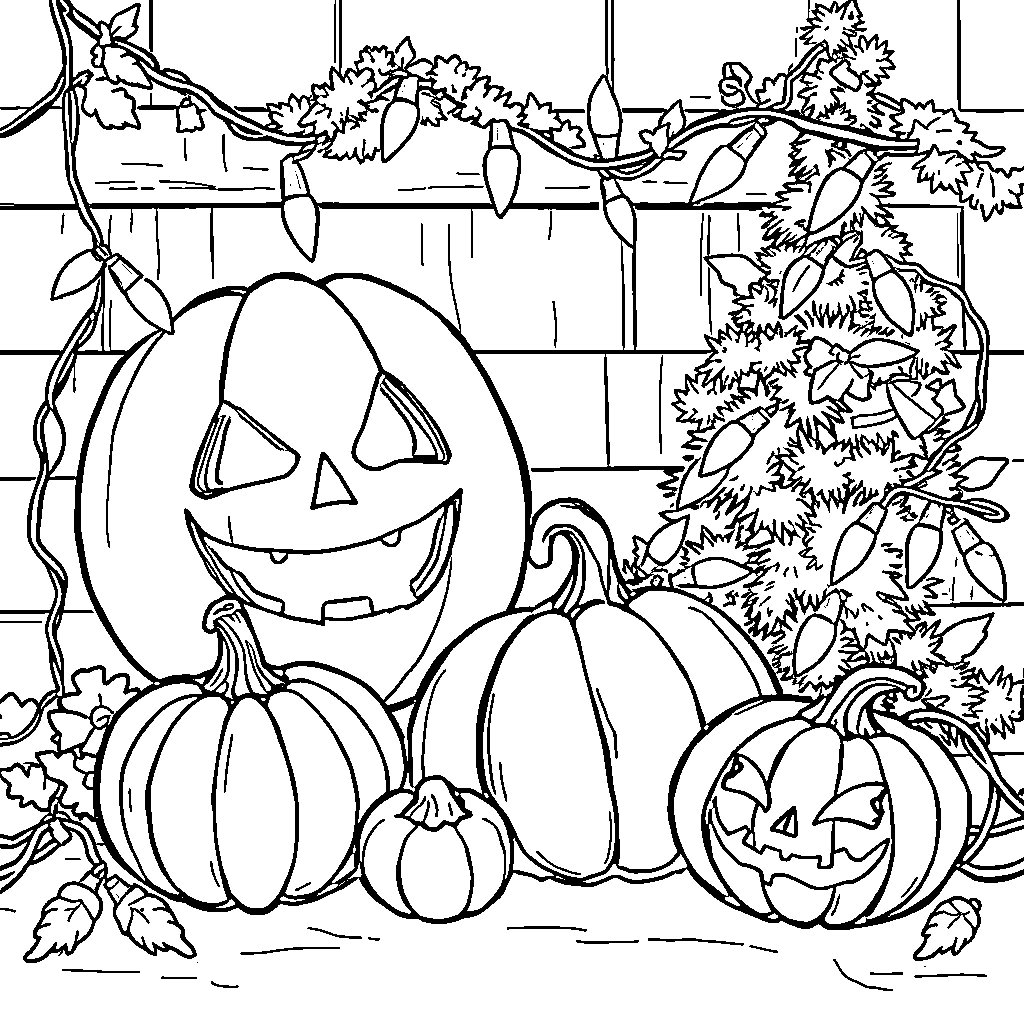 Halloween pumpkins and jack-o'-lanterns in festive setting Coloring Page (free black-and-white line drawing printable PDF for all, from beginners to advanced learners, including children, teens, adults, and seniors)