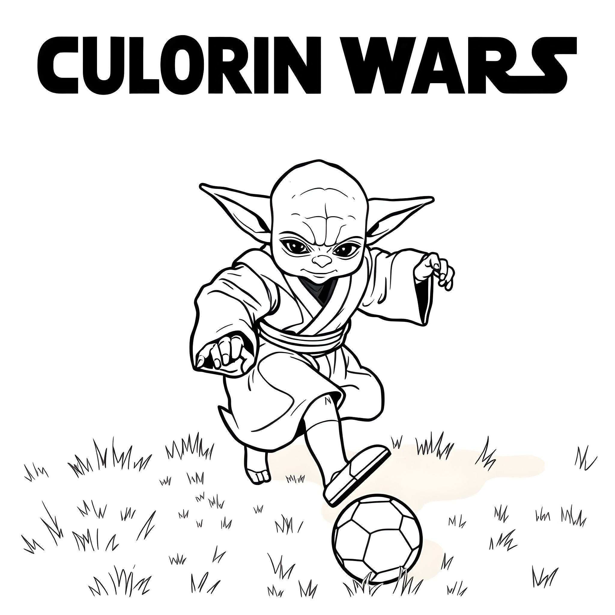 Yoda playing soccer in the grass Coloring Page (free black-and-white line drawing printable PDF for all, from beginners to advanced learners, including children, teens, adults, and seniors)