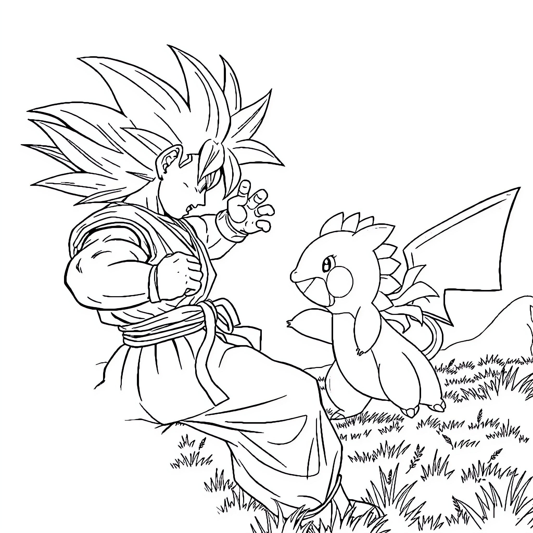 Goku's Fierce Battle with Playful Companion Coloring Page (free black-and-white line drawing printable PDF for all, from beginners to advanced learners, including children, teens, adults, and seniors)