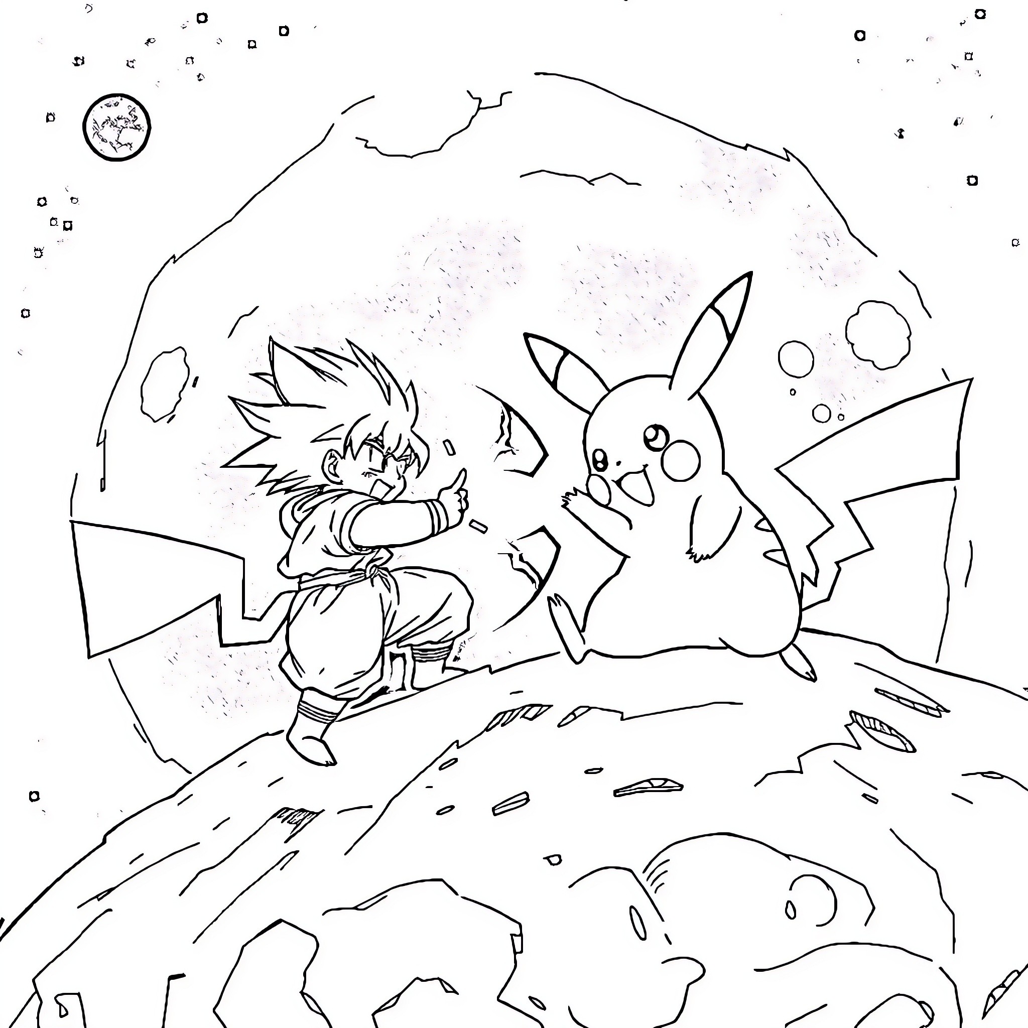 Pikachu and Goku's Adventure in the Starry Sky Coloring Page (free black-and-white line drawing printable PDF for all, from beginners to advanced learners, including children, teens, adults, and seniors)