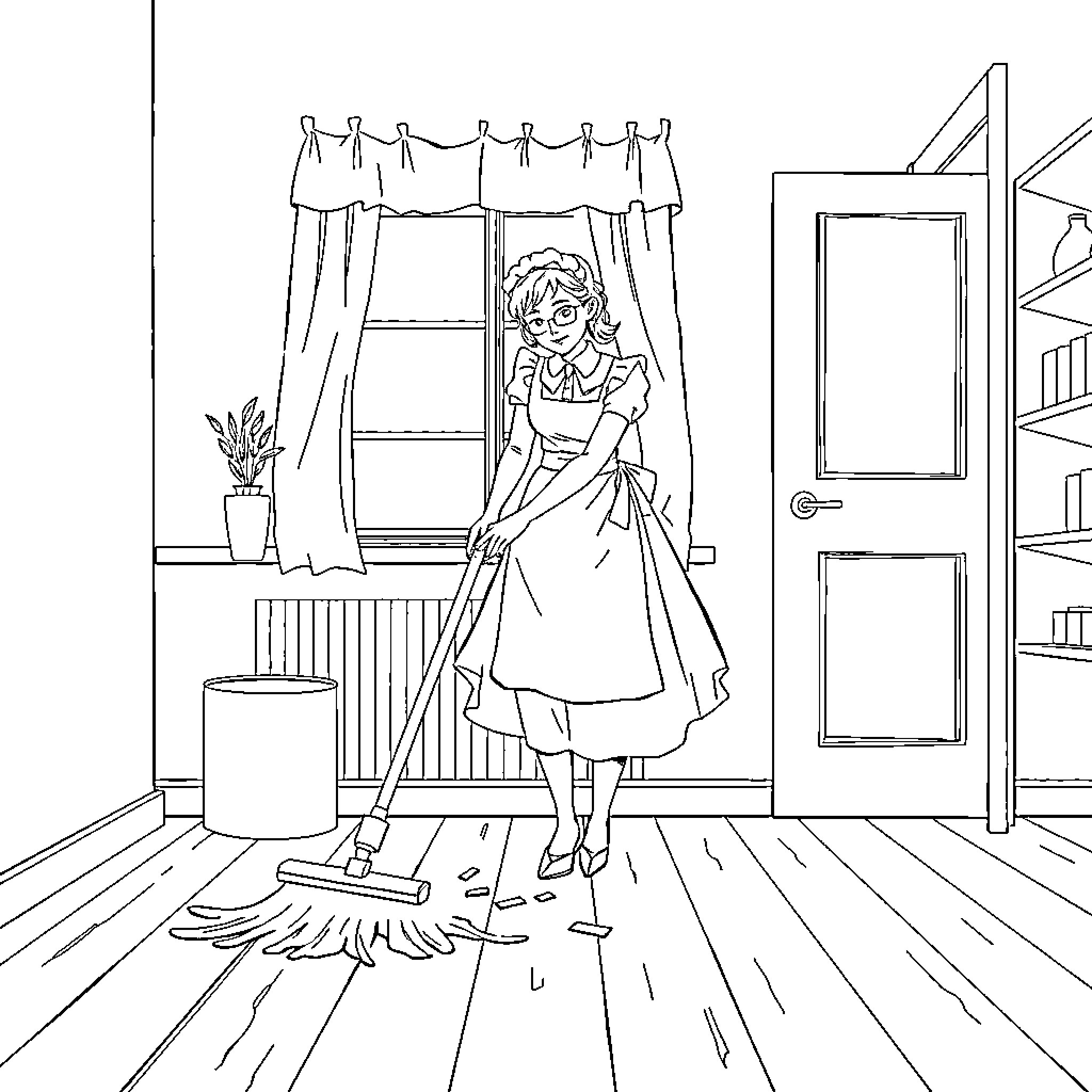 Maid Sweeping the Floor with Diligence Coloring Page (free black-and-white line drawing printable PDF for all, from beginners to advanced learners, including children, teens, adults, and seniors)