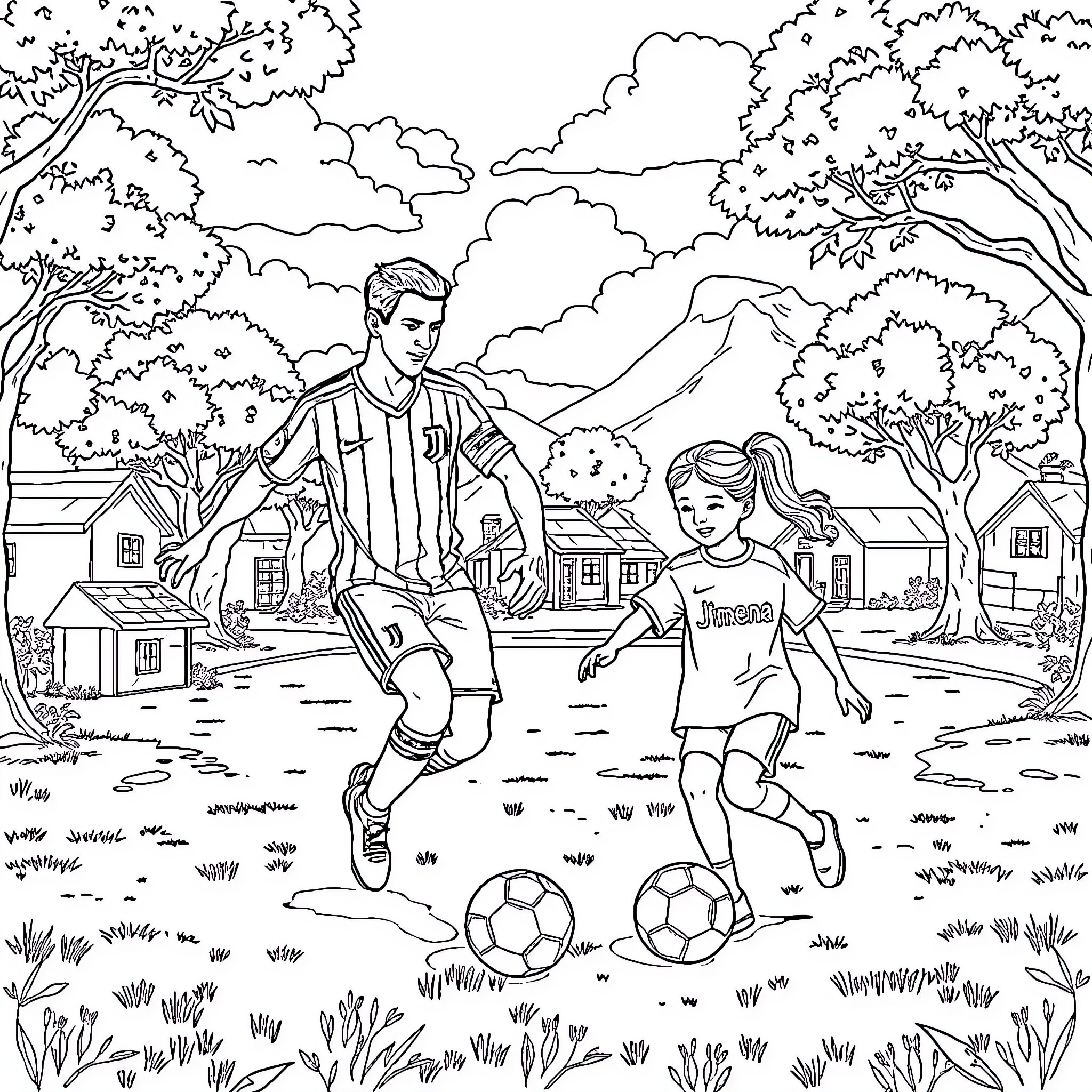 Cr7 Father and Daughter Playing Soccer in the Park Coloring Page (free black-and-white line drawing printable PDF for all, from beginners to advanced learners, including children, teens, adults, and seniors)