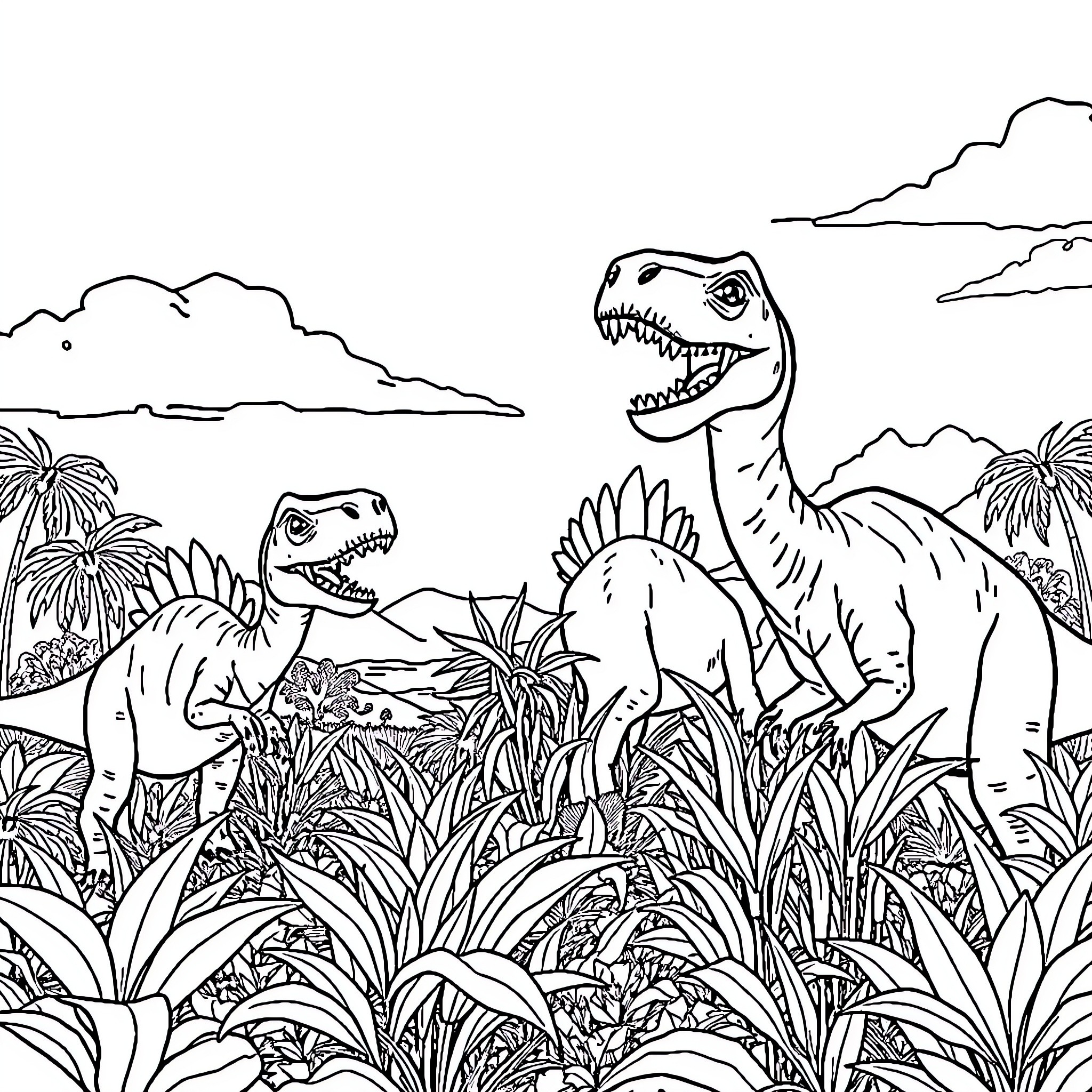 Dinosaurs roaming in prehistoric landscape Coloring Page (free black-and-white line drawing printable PDF for all, from beginners to advanced learners, including children, teens, adults, and seniors)