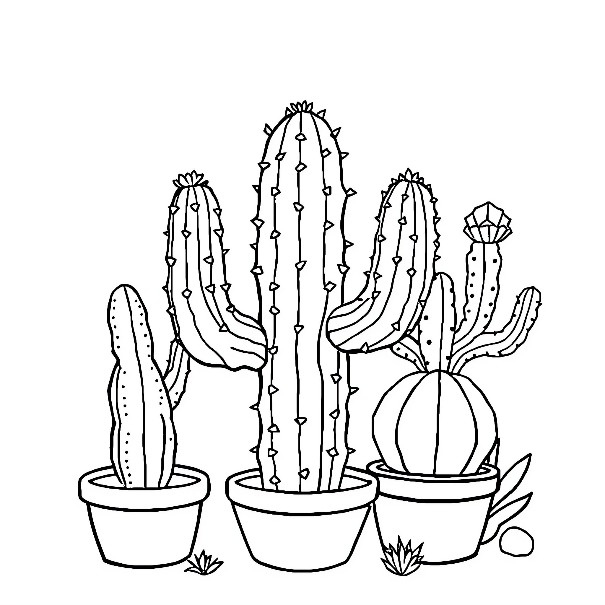 Cactus collection in pots Coloring Page (free black-and-white line drawing printable PDF for all, from beginners to advanced learners, including children, teens, adults, and seniors)