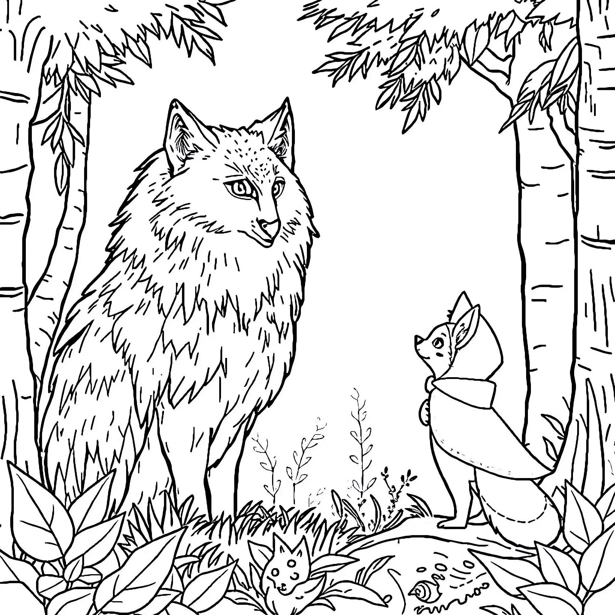 Little Red Riding Hood and the Woodland Creatures Coloring Page (free black-and-white line drawing printable PDF for all, from beginners to advanced learners, including children, teens, adults, and seniors)
