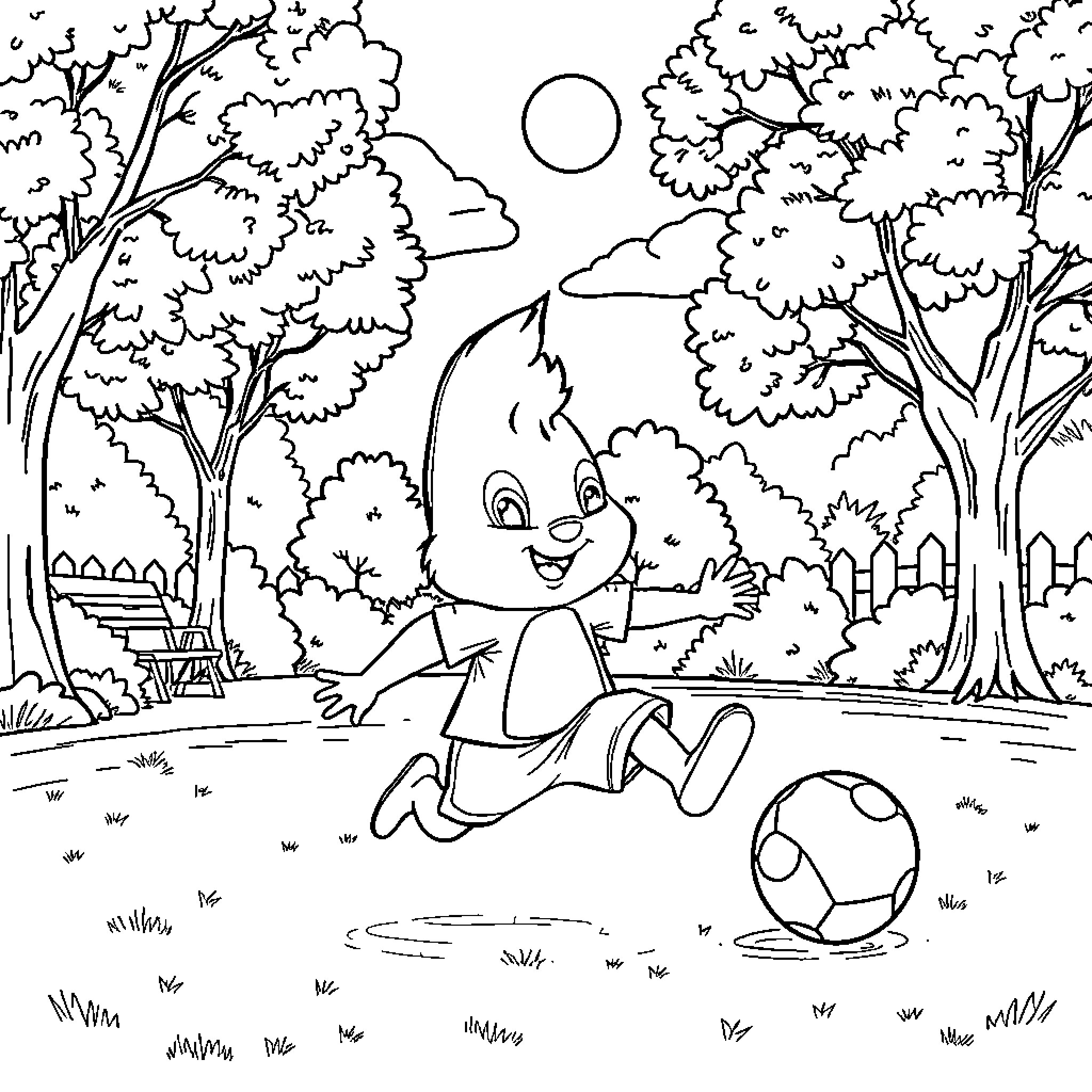 Sprunki playing joyfully with ball in forest landscape Coloring Page (free black-and-white line drawing printable PDF for all, from beginners to advanced learners, including children, teens, adults, and seniors)
