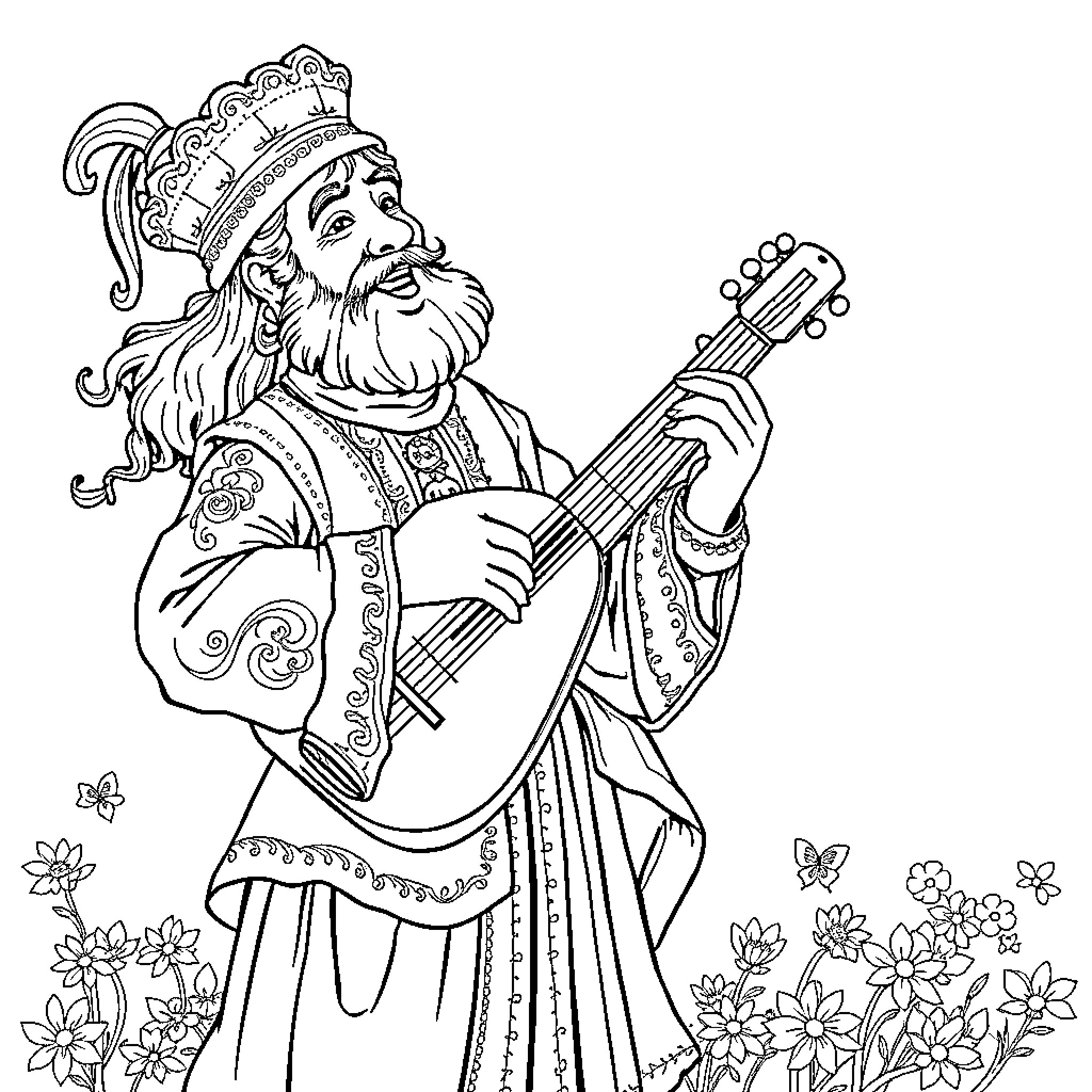 Bard playing lute in ornate clothing and crown Coloring Page (free black-and-white line drawing printable PDF for all, from beginners to advanced learners, including children, teens, adults, and seniors)