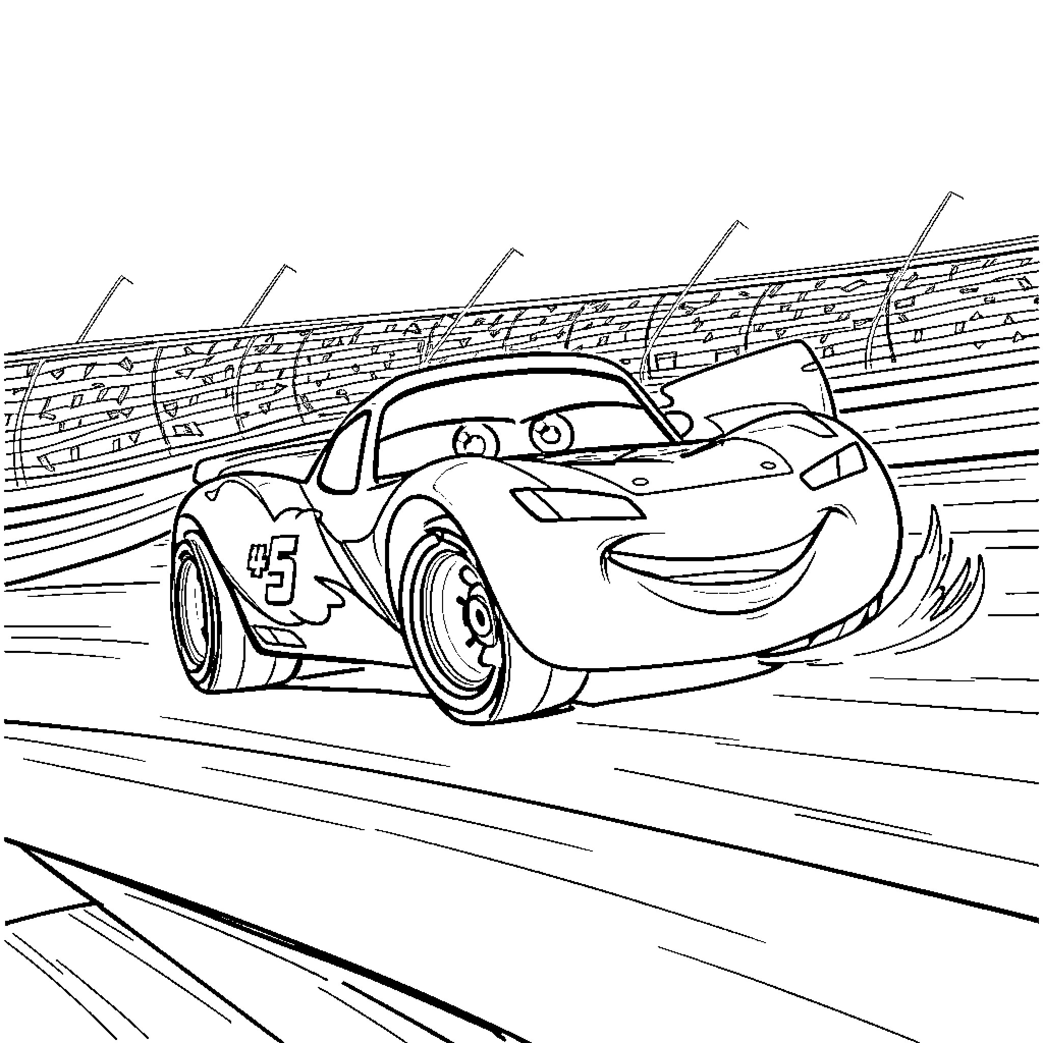Lightning McQueen speeding on the race track Coloring Page (free black-and-white line drawing printable PDF for all, from beginners to advanced learners, including children, teens, adults, and seniors)