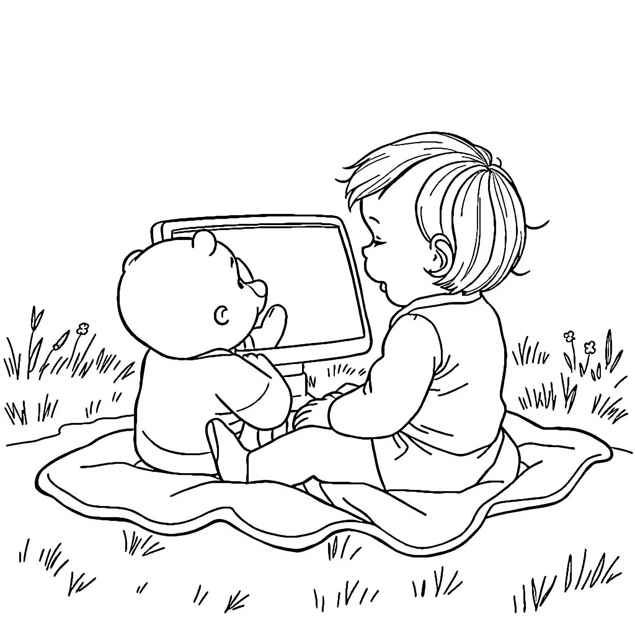 Baby Girl Reading a Book with a Friend Coloring Page (free black-and-white line drawing printable PDF for all, from beginners to advanced learners, including children, teens, adults, and seniors)