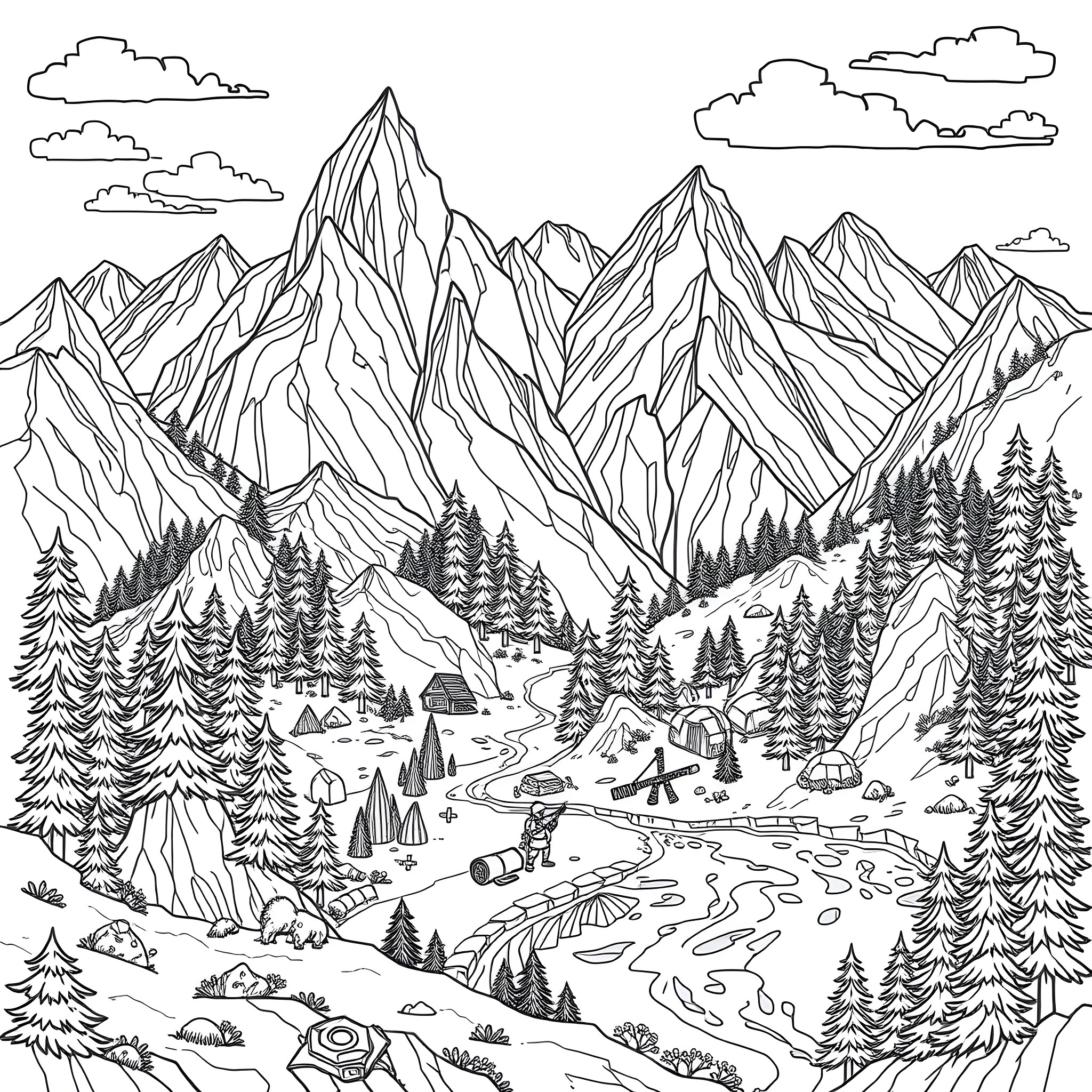 Minecraft mountain landscape with village and travelers Coloring Page (free black-and-white line drawing printable PDF for all, from beginners to advanced learners, including children, teens, adults, and seniors)