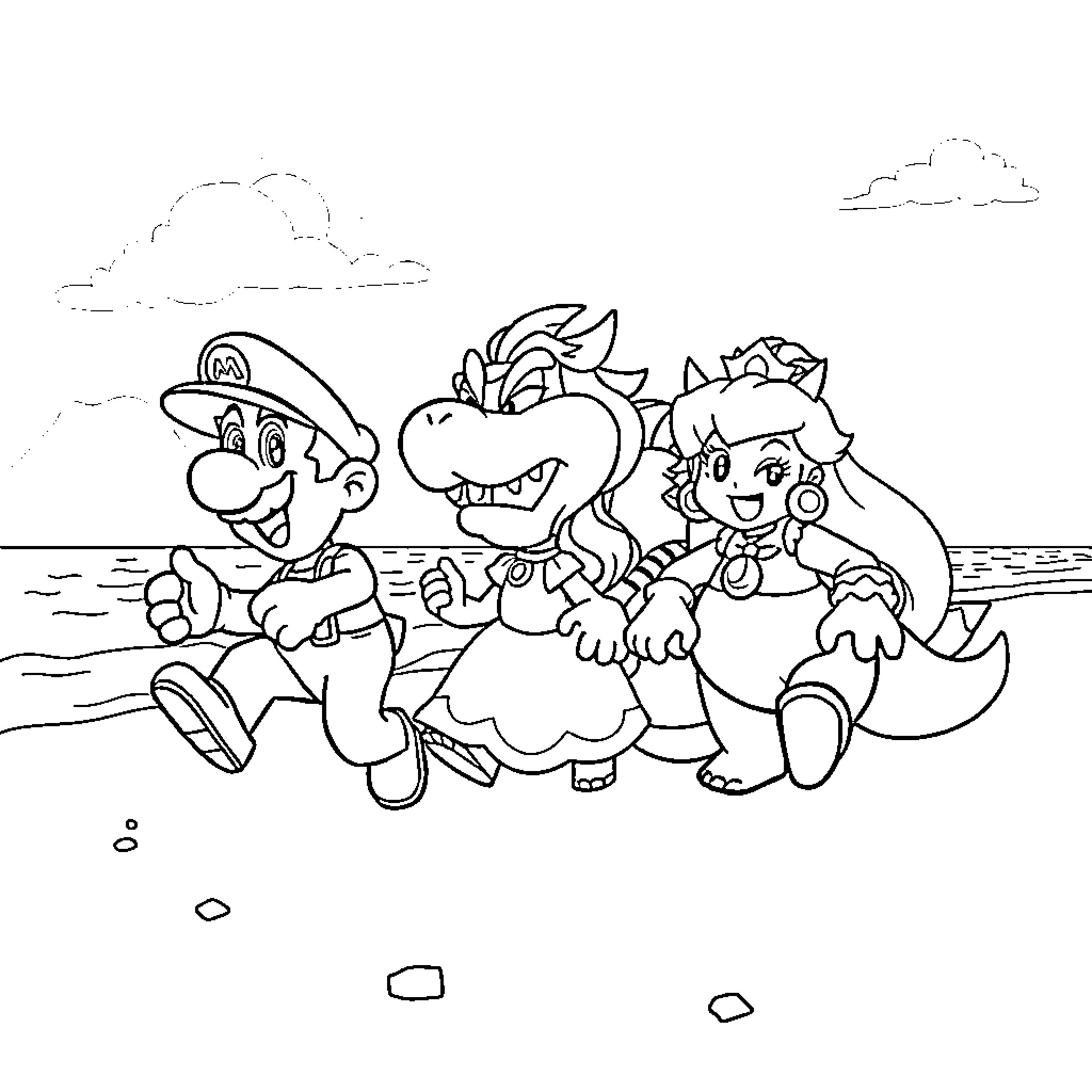 Mario and Friends Enjoying a Beach Day Coloring Page (free black-and-white line drawing printable PDF for all, from beginners to advanced learners, including children, teens, adults, and seniors)