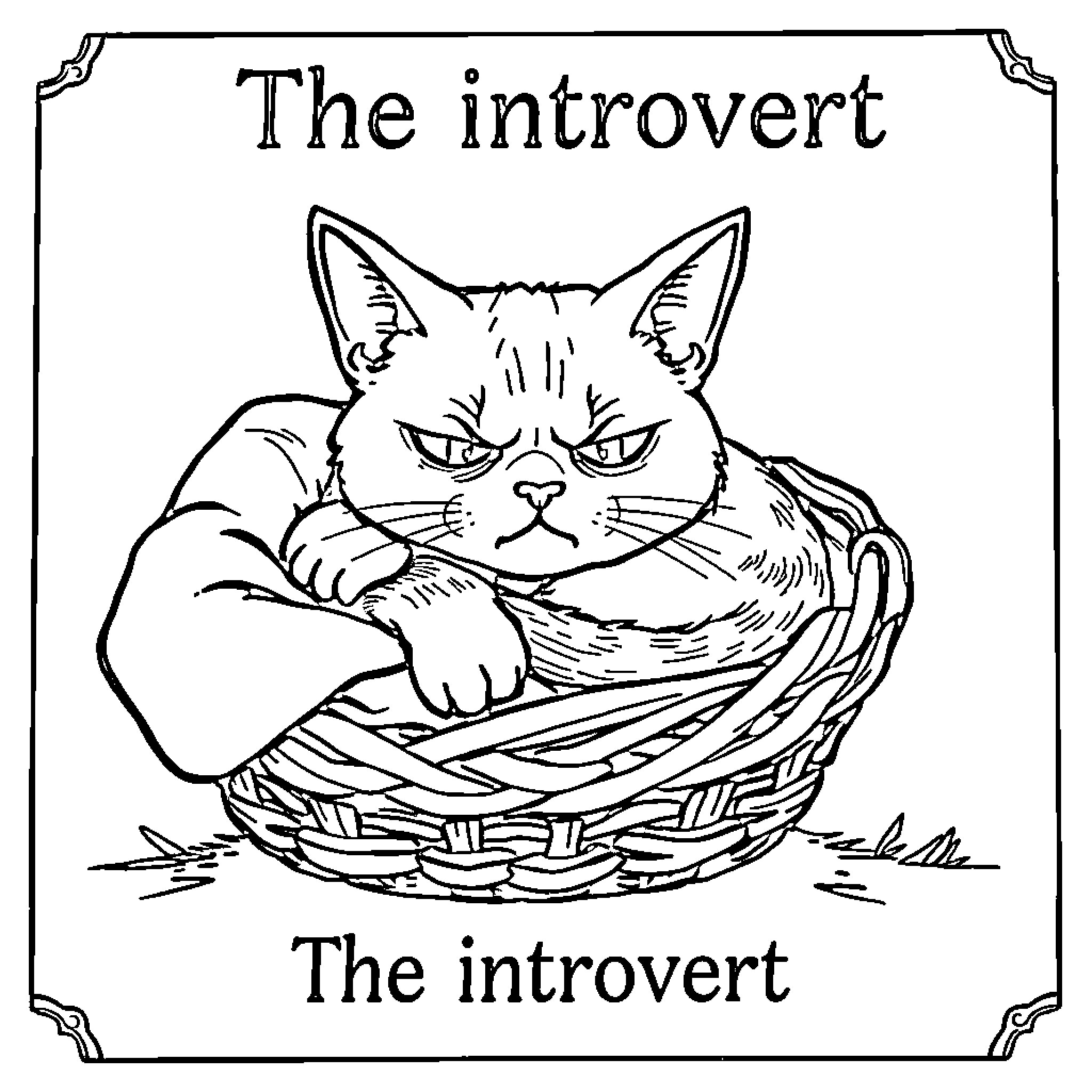 Cat the Introvert in a Basket Coloring Page (free black-and-white line drawing printable PDF for all, from beginners to advanced learners, including children, teens, adults, and seniors)