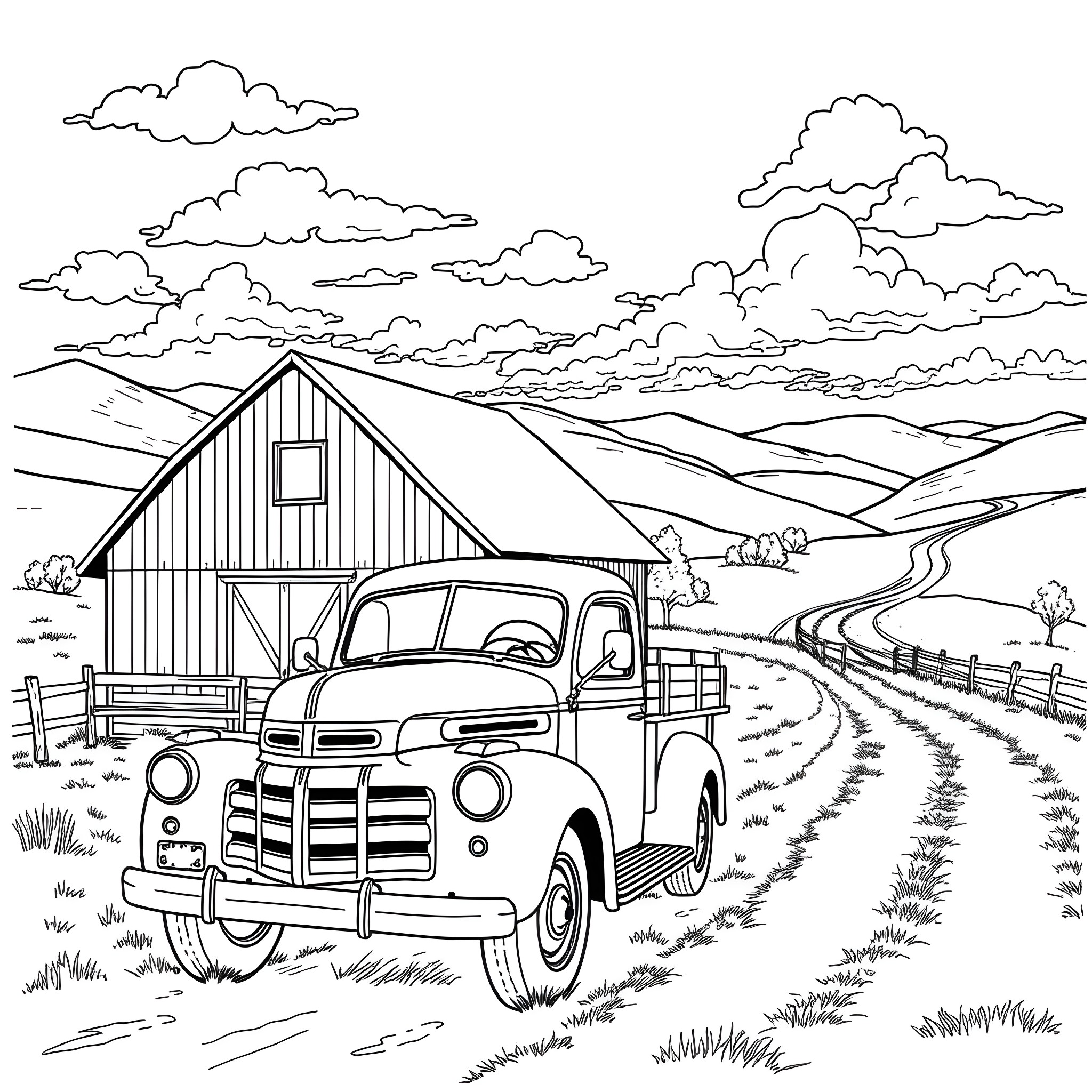 Truck on a country road near a barn Coloring Page (free black-and-white line drawing printable PDF for all, from beginners to advanced learners, including children, teens, adults, and seniors)