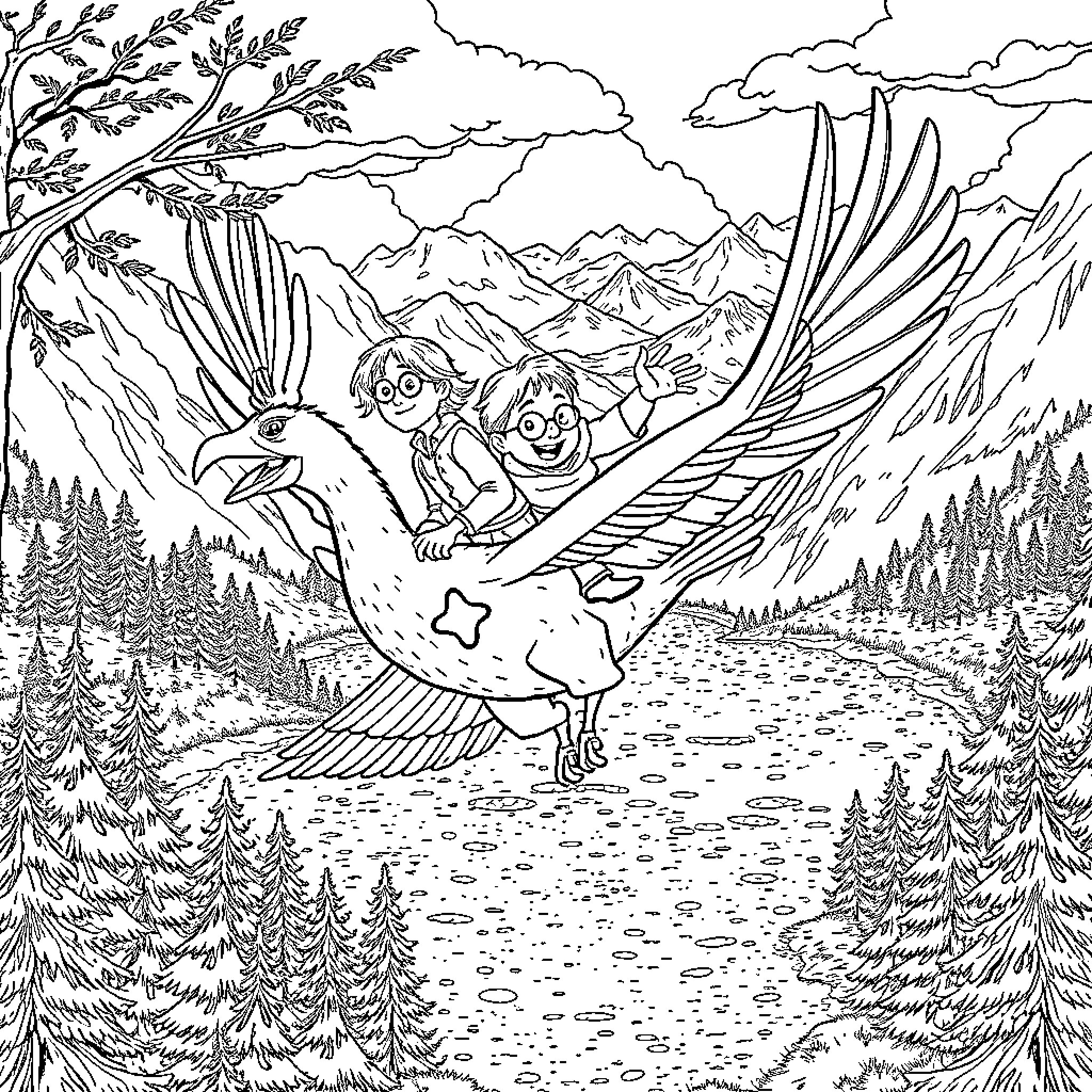 Buckbeak carrying children on an adventure through the magical landscape Coloring Page (free black-and-white line drawing printable PDF for all, from beginners to advanced learners, including children, teens, adults, and seniors)