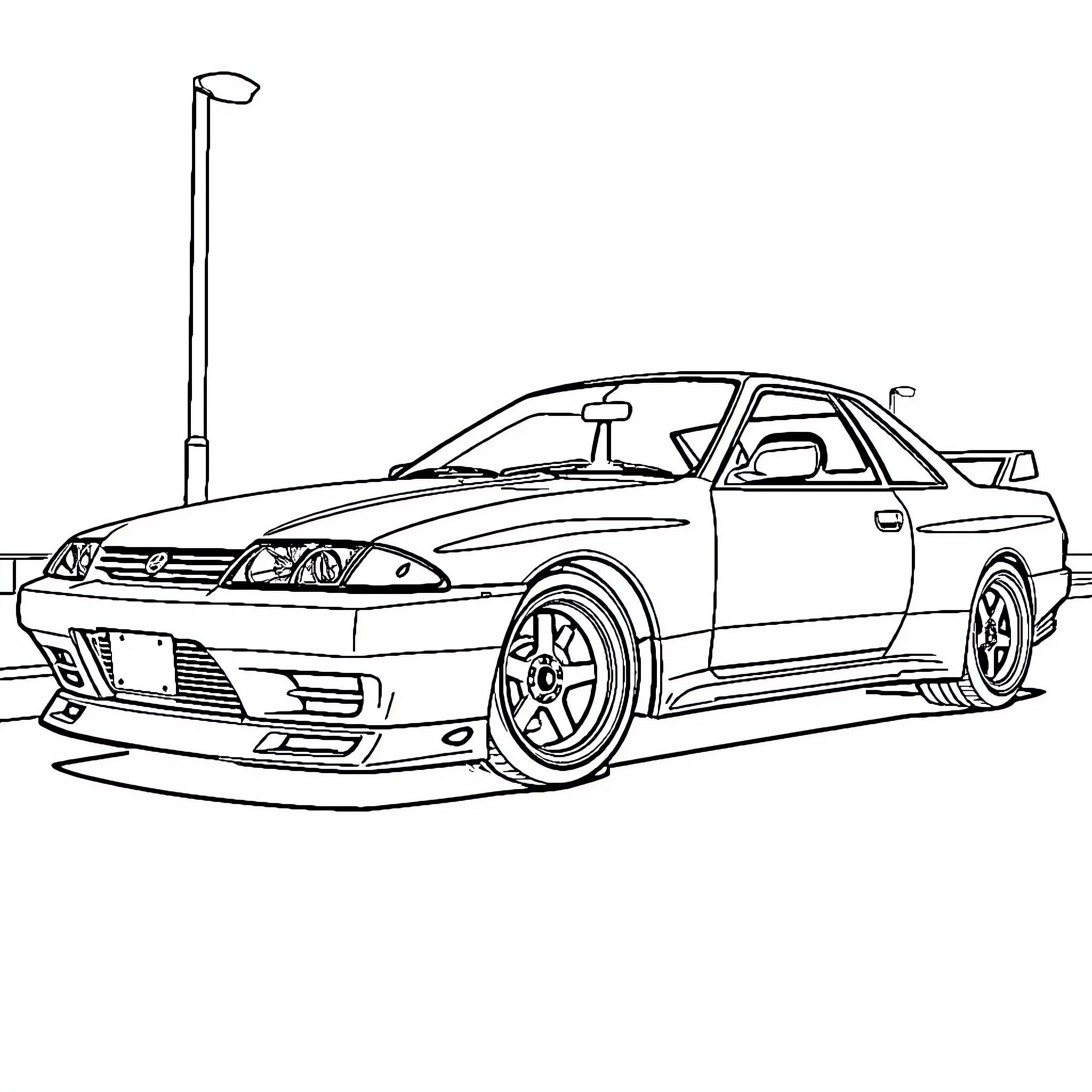R32 GTR street racing car Coloring Page (free black-and-white line drawing printable PDF for all, from beginners to advanced learners, including children, teens, adults, and seniors)