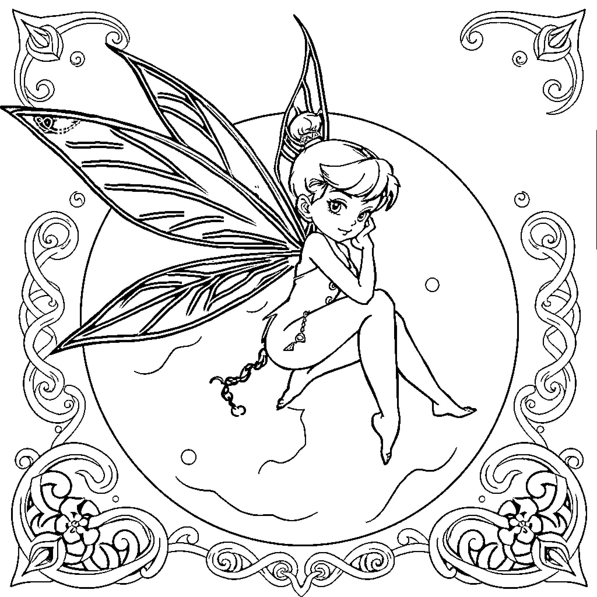 Tinkerbell gracefully seated in fairy circle Coloring Page (free black-and-white line drawing printable PDF for all, from beginners to advanced learners, including children, teens, adults, and seniors)