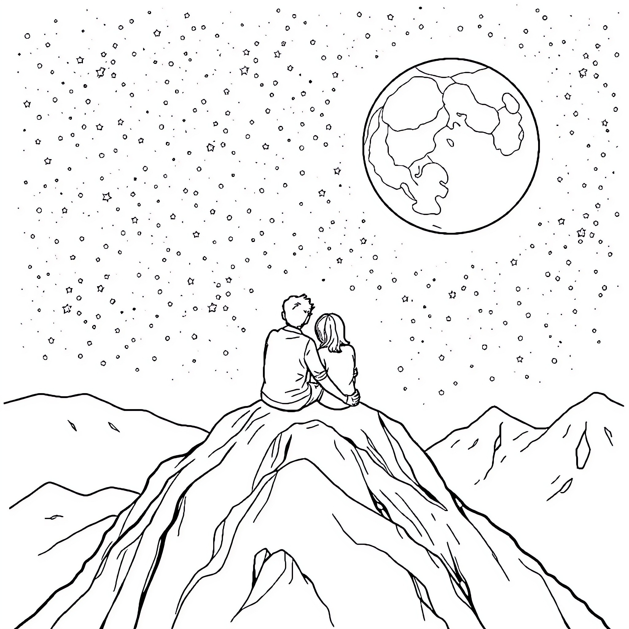 Couple sitting on a mountaintop under the stars Coloring Page (free black-and-white line drawing printable PDF for all, from beginners to advanced learners, including children, teens, adults, and seniors)