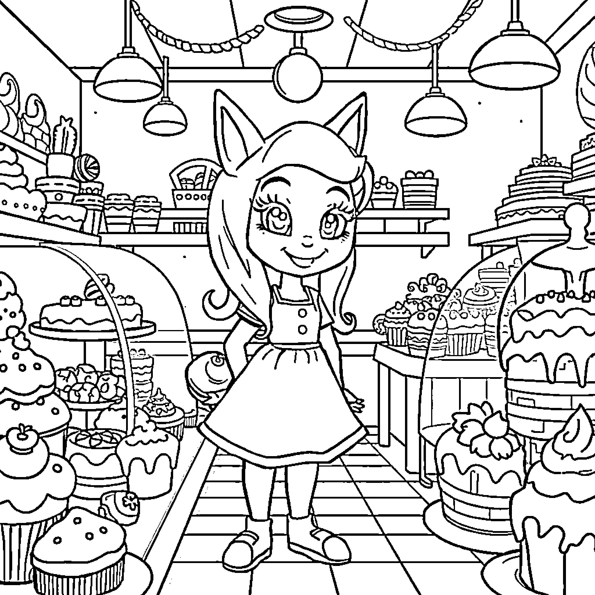 Skye's Whimsical Bakery Adventure Coloring Page (free black-and-white line drawing printable PDF for all, from beginners to advanced learners, including children, teens, adults, and seniors)