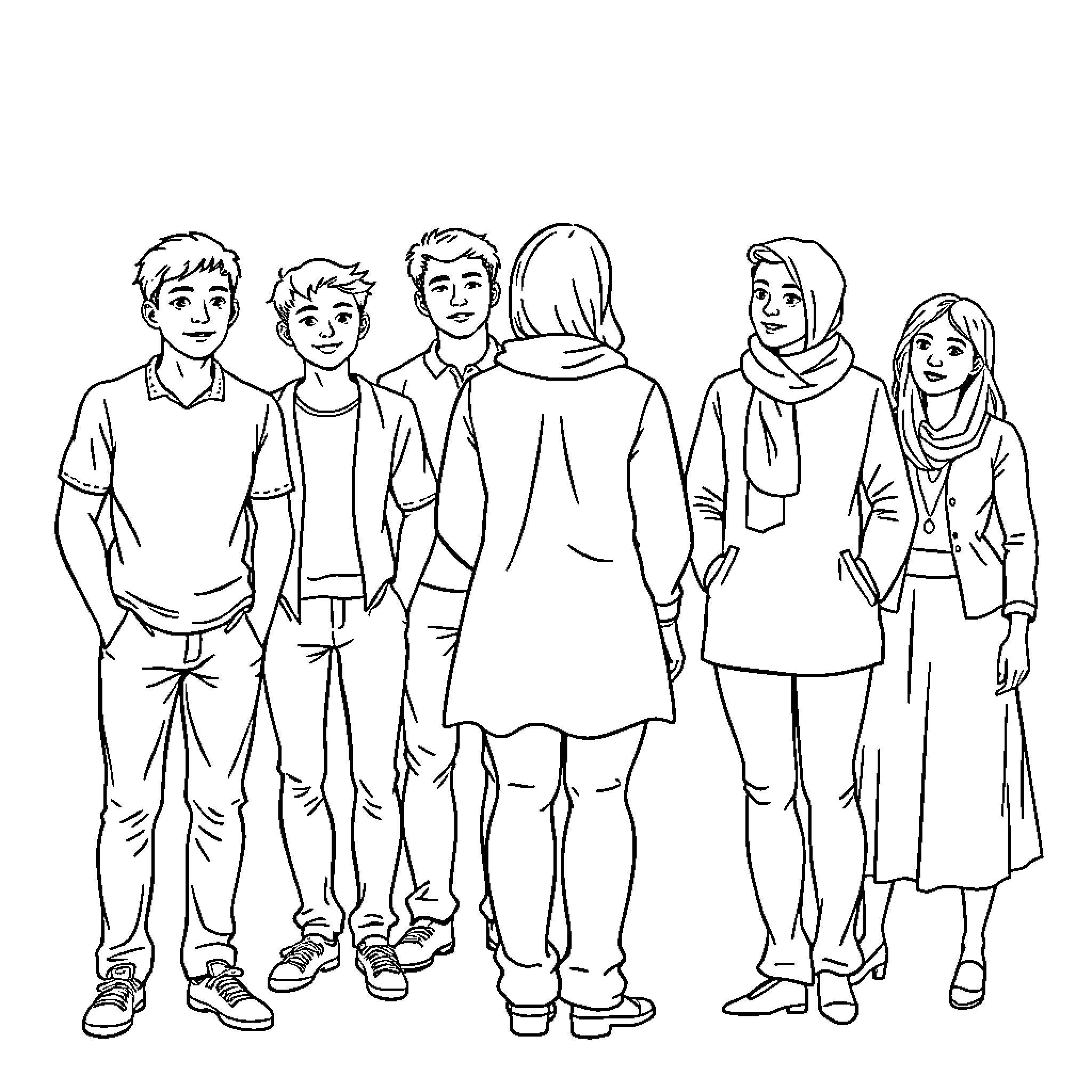 6-7 Diverse Individuals Standing Together Coloring Page (free black-and-white line drawing printable PDF for all, from beginners to advanced learners, including children, teens, adults, and seniors)