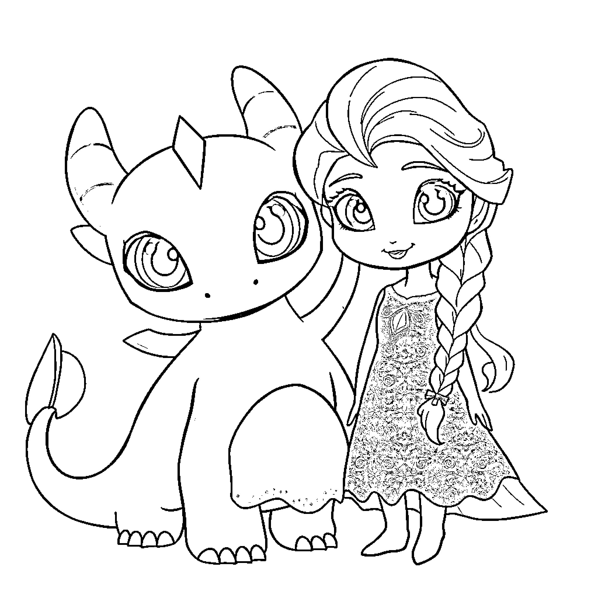 Elsa with her dragon companion in an adventure Coloring Page (free black-and-white line drawing printable PDF for all, from beginners to advanced learners, including children, teens, adults, and seniors)