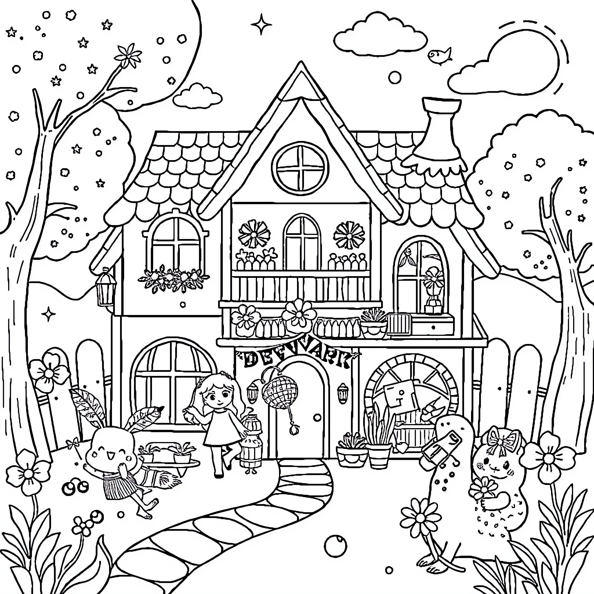 Gabys Dollhouse: Charming scene with whimsical characters Coloring Page (free black-and-white line drawing printable PDF for all, from beginners to advanced learners, including children, teens, adults, and seniors)