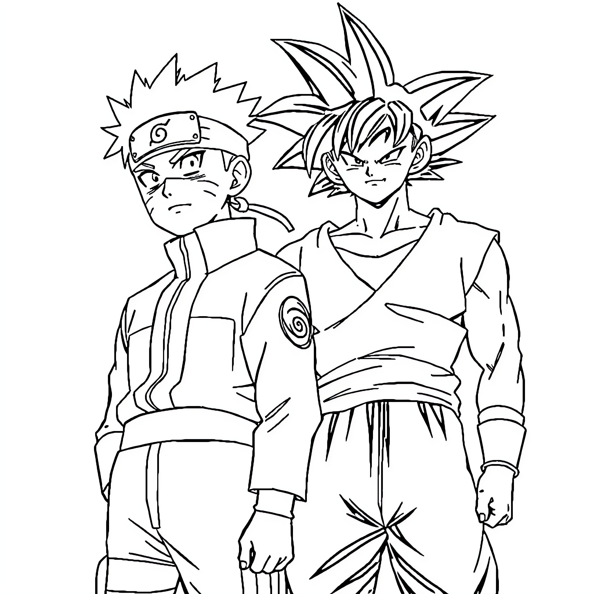 Naruto and Goku in combat poses Coloring Page (free black-and-white line drawing printable PDF for all, from beginners to advanced learners, including children, teens, adults, and seniors)