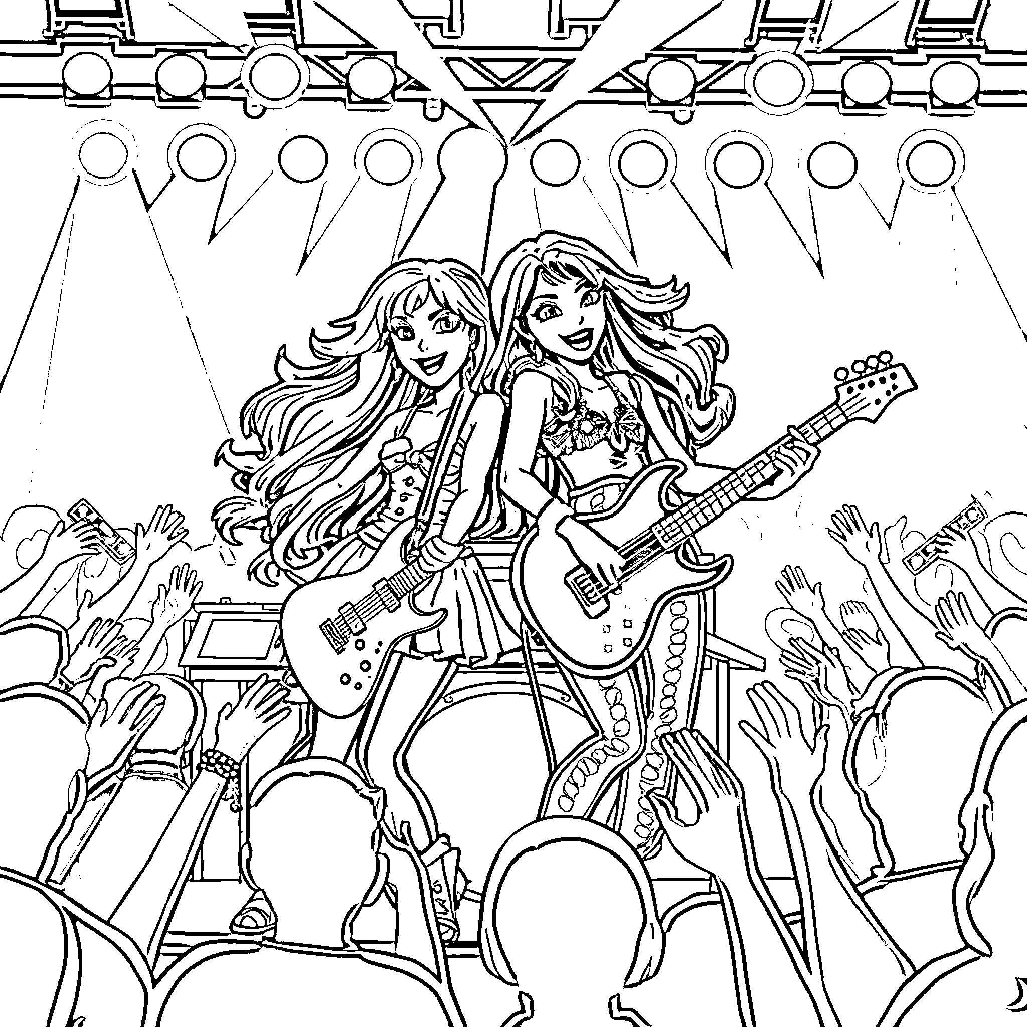 Galinda Performing on Stage with Guitar Coloring Page (free black-and-white line drawing printable PDF for all, from beginners to advanced learners, including children, teens, adults, and seniors)
