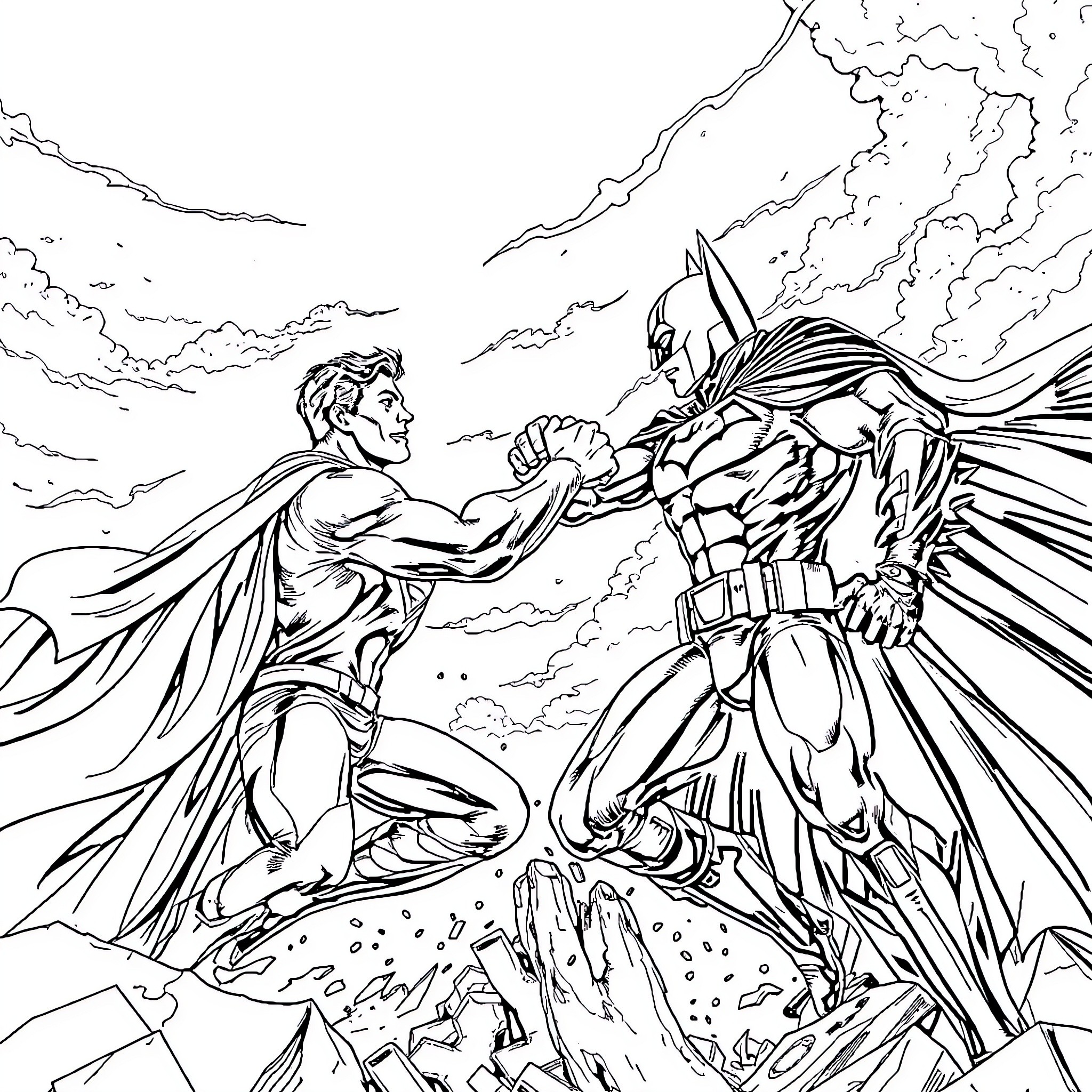 Superman and Batman in an epic battle Coloring Page (free black-and-white line drawing printable PDF for all, from beginners to advanced learners, including children, teens, adults, and seniors)